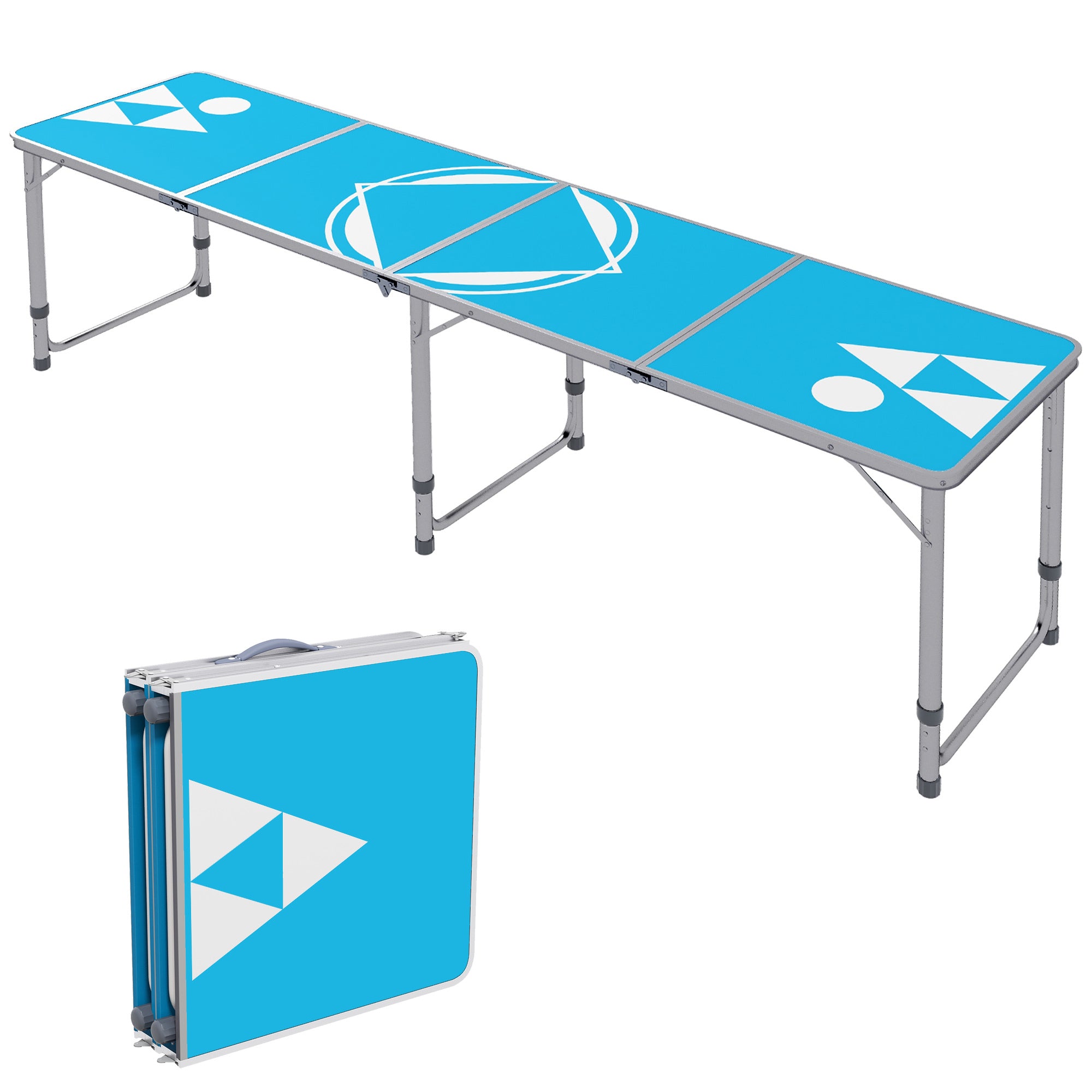 Outsunny 8ft Portable Beer Pong Table with Adjustable Legs, Folding Camping Table, Aluminum Picnic Table, for Party, Travel, BBQ, Beach, Blue and White