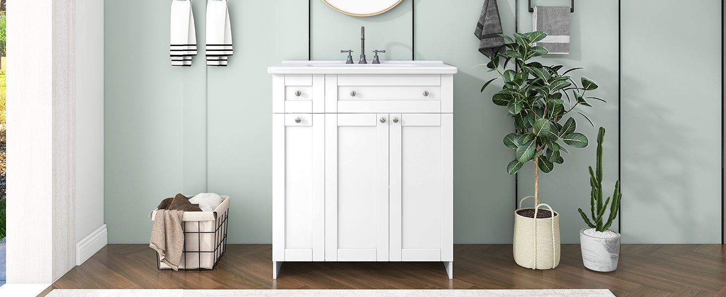 30-Inch White Bathroom Vanity with Ceramic Sink Combo, Abundant Storage Cabinet - 2 Soft close Doors and Double-tier Deep Drawer