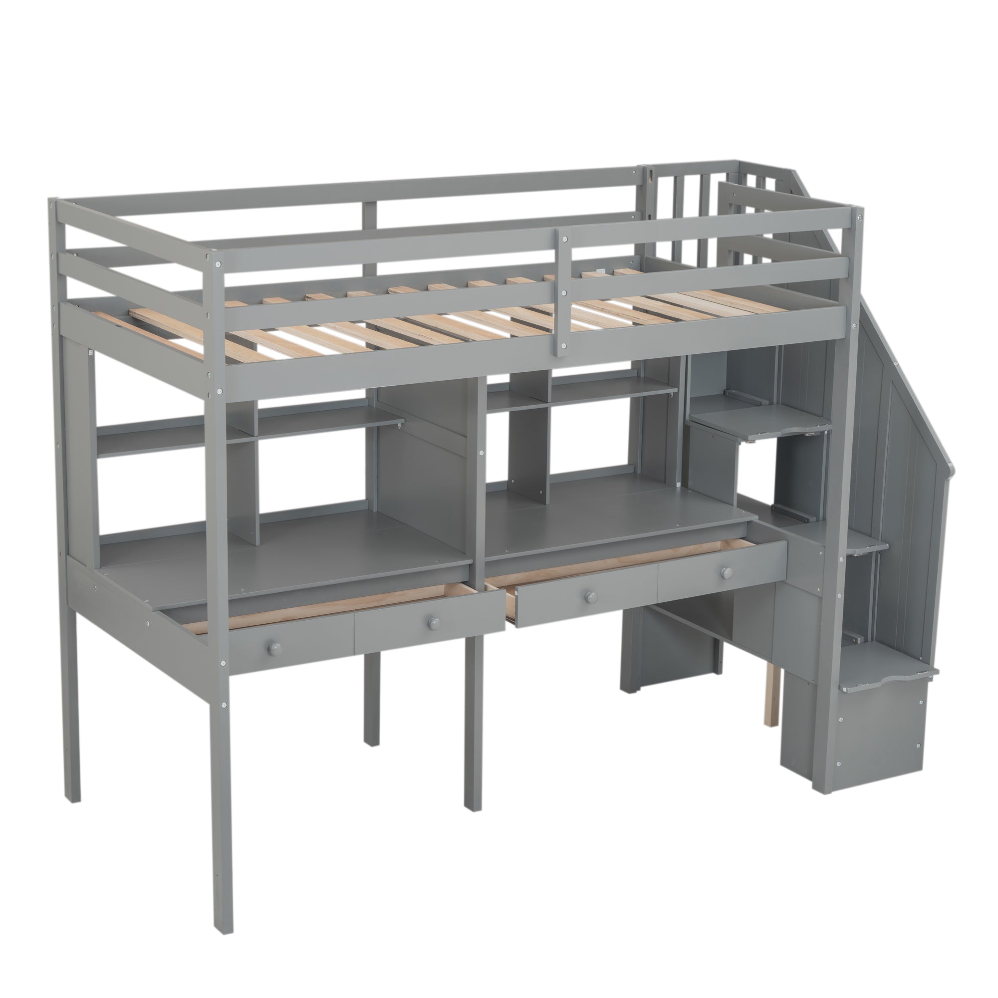 Twin Size Loft Bed Frame with Storage Staircase and Double Desks and Shelves,Gray