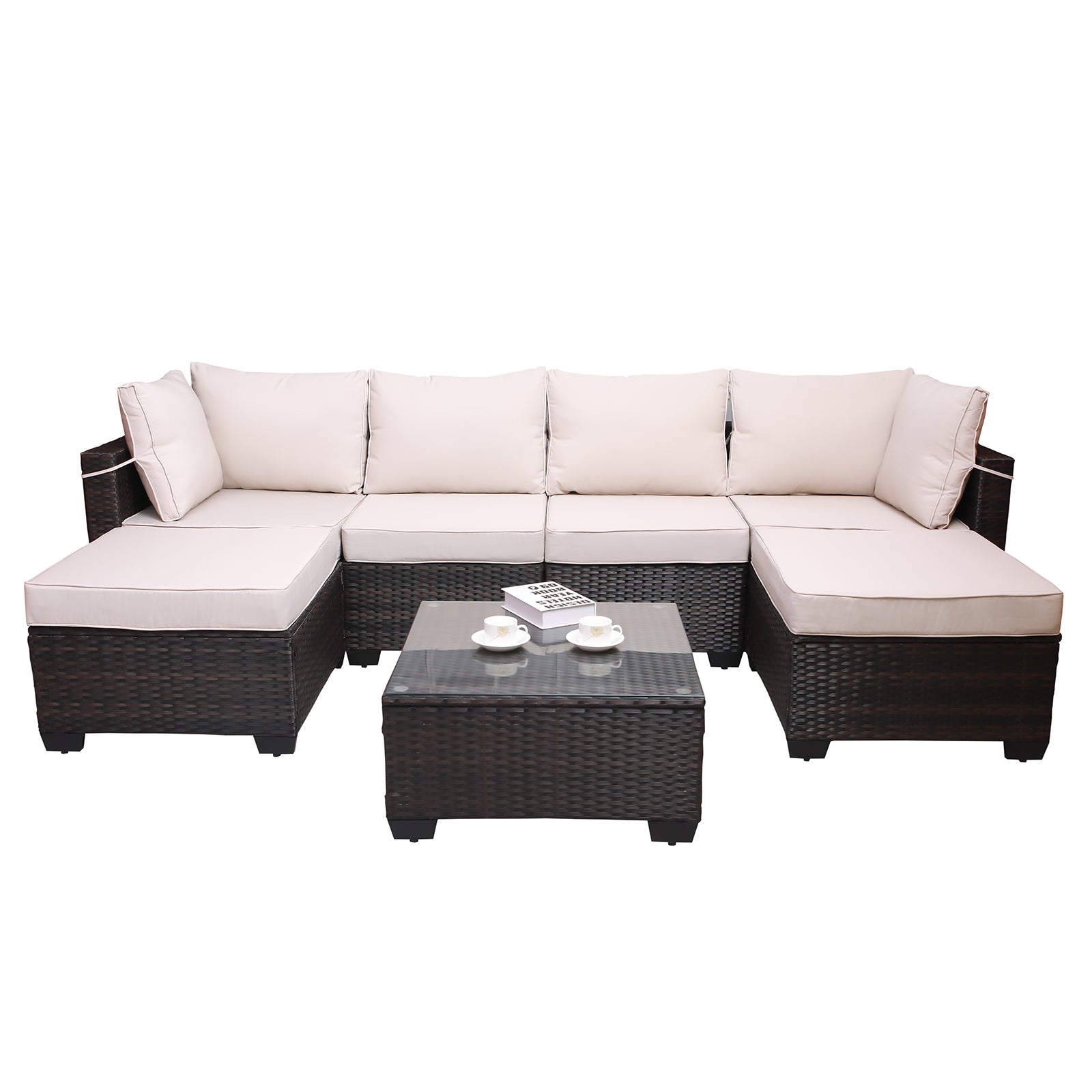 Outdoor Garden Patio Furniture 7-Piece PE Rattan Wicker Cushioned Sofa Sets  and Coffee Table, patio furniture set;outdoor couch;outdoor couch patio furniture;outdoor sofa;patio couch