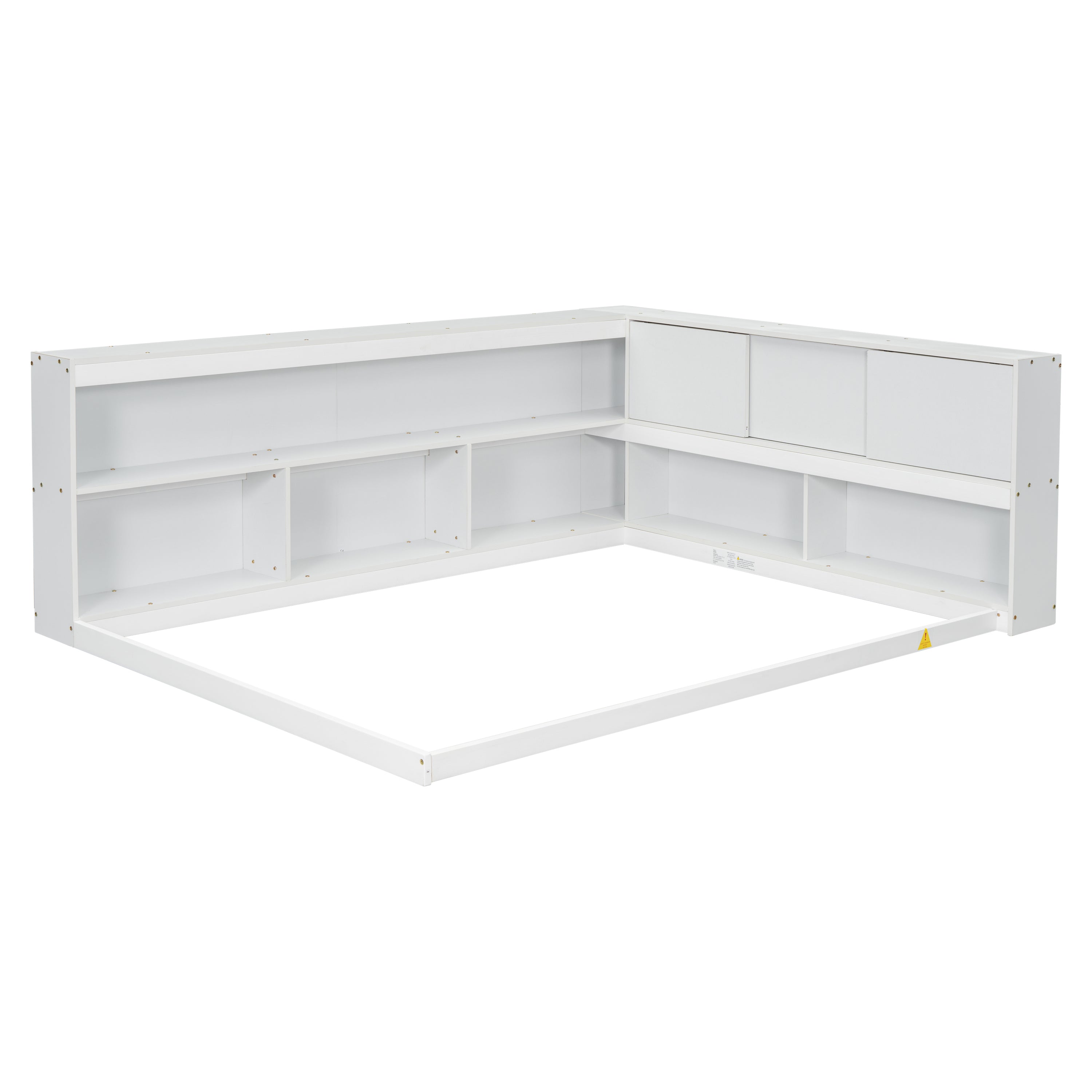 Full Floor Bed with L-shaped Bookcases, sliding doors,without slats,White