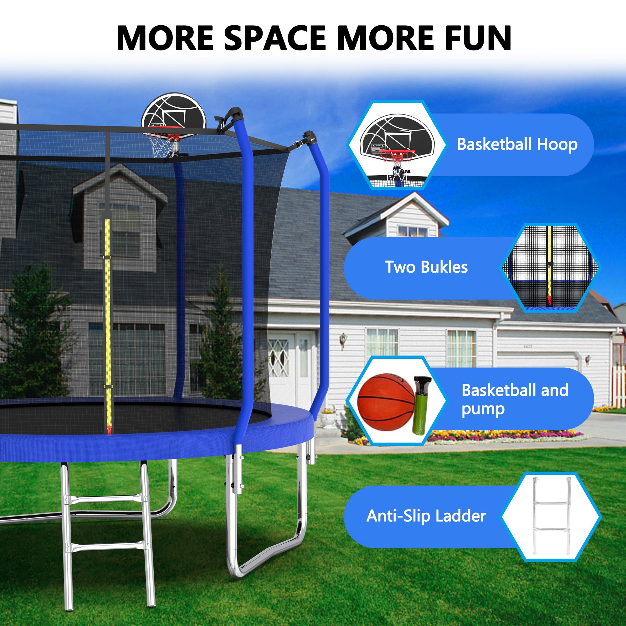 10FT Trampoline with Basketball Hoop,  ASTM Approved Reinforced Type Outdoor Trampoline with Enclosure Net