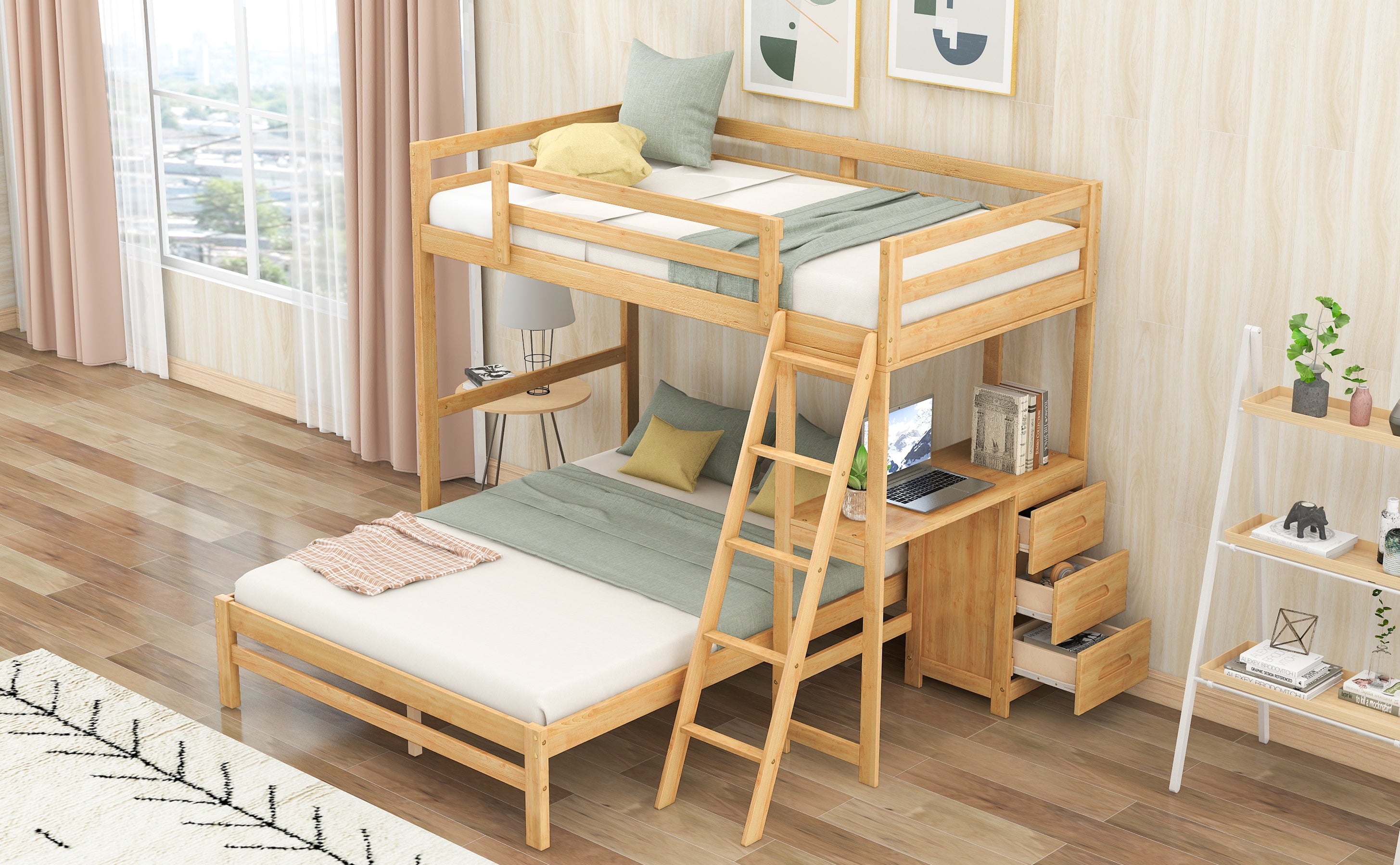 Twin over Full Bunk Bed with Built-in Desk and Three Drawers,Natural(old sku: SM000709AAD)