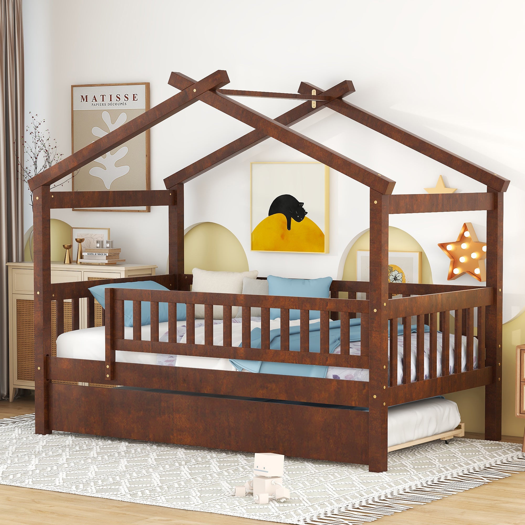 Twin Size Wooden House Bed with Twin Size Trundle, Walnut