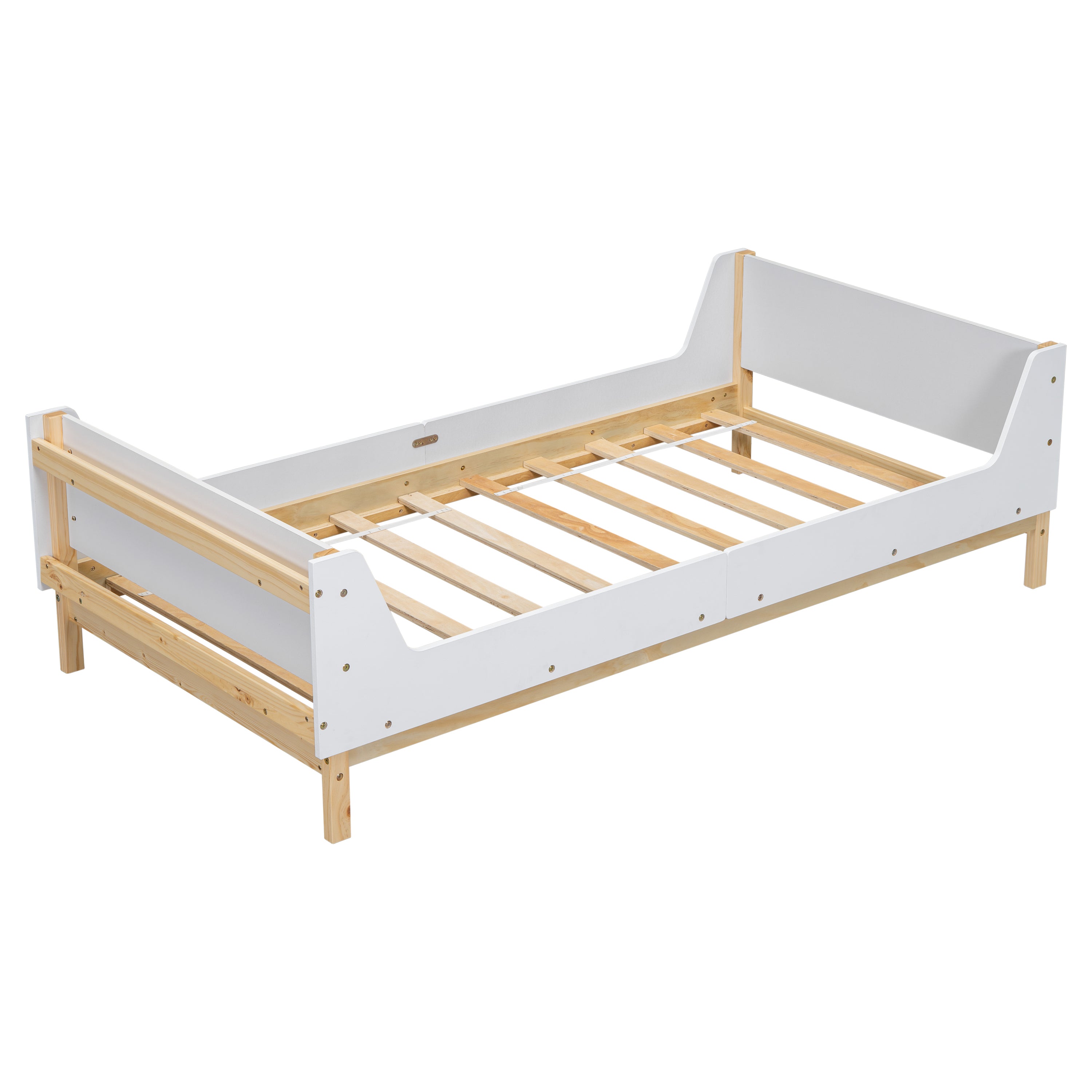 Twin Bed with Headboard, Footboard, Safeguards,  Built-in Bed-end Book Storage Rack ,White