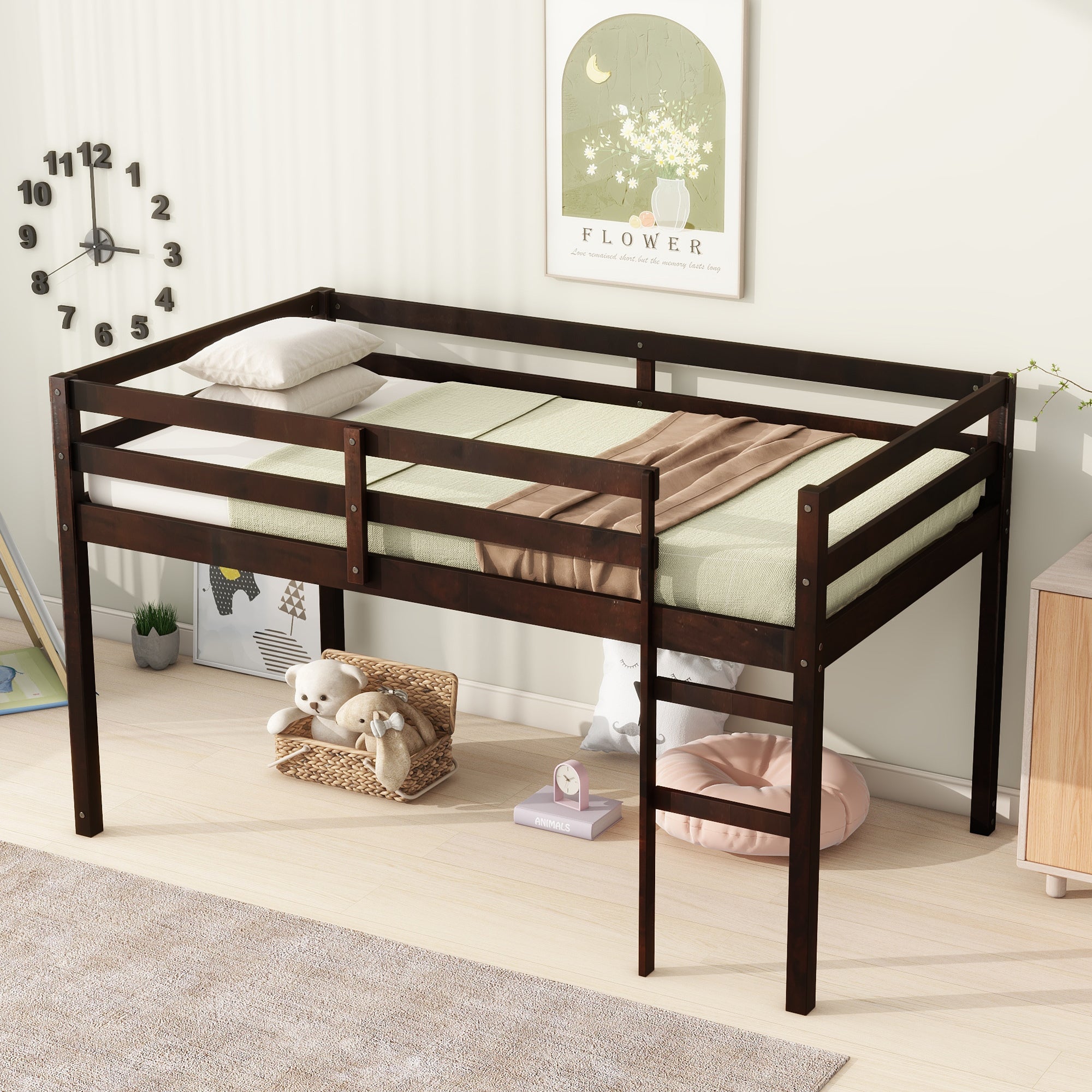 Solid Wooden, Rubber Wooden Twin Loft Bed with Ladder, Bed Platform of Strengthened Slats , Espresso