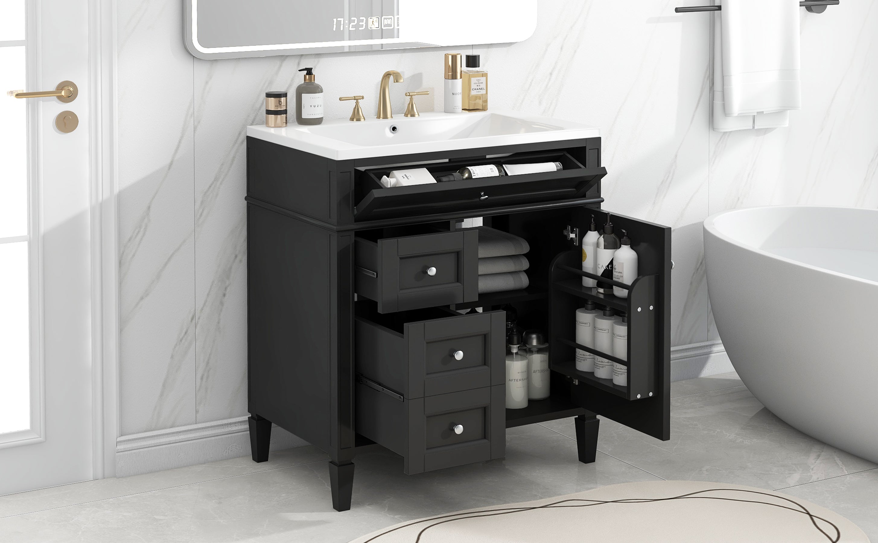 30'' Bathroom Vanity with Top Sink, Modern Bathroom Storage Cabinet with 2 Drawers and a Tip-out Drawer, Single Sink Bathroom Vanity