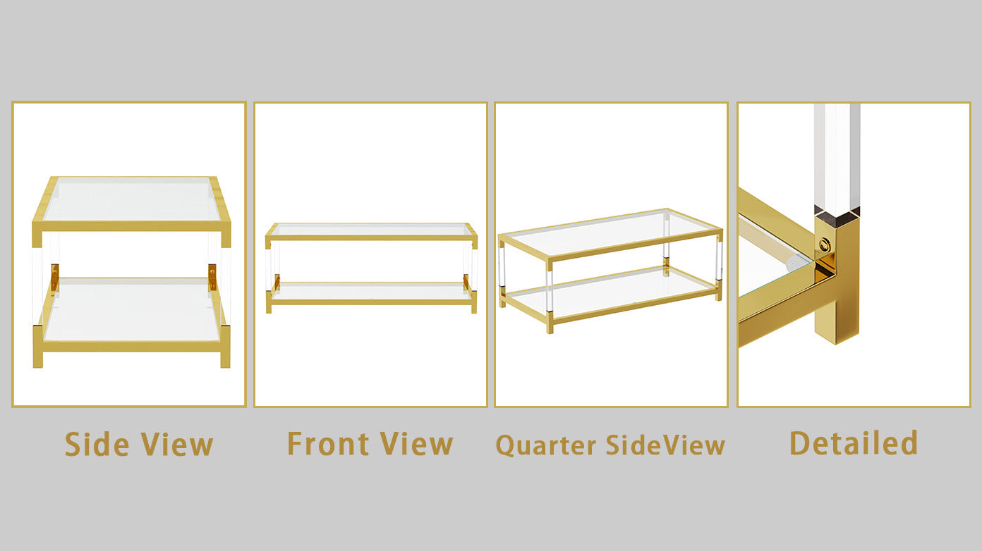 Modern minimalist living room furniture set, stylish transparent acrylic leg coffee table, square edge table, tempered glass face tea table combination gold end table