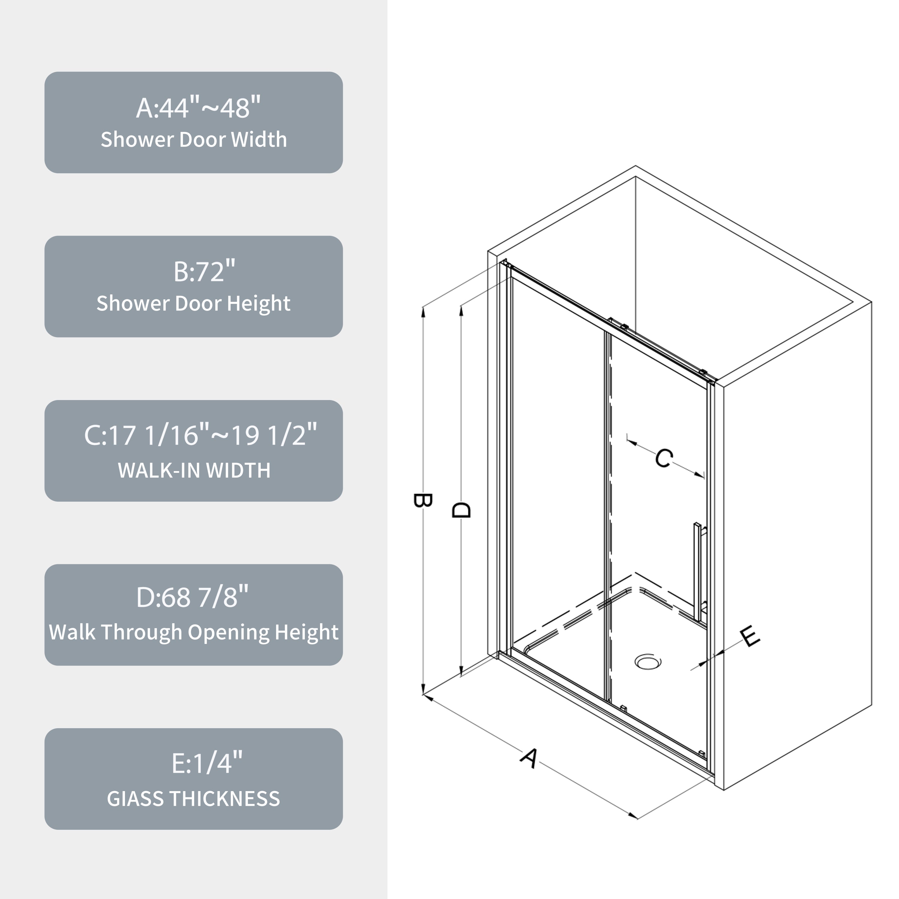 44"-48"W x 72"H Sliding shower door, sliding door with 1/4" tempered glass