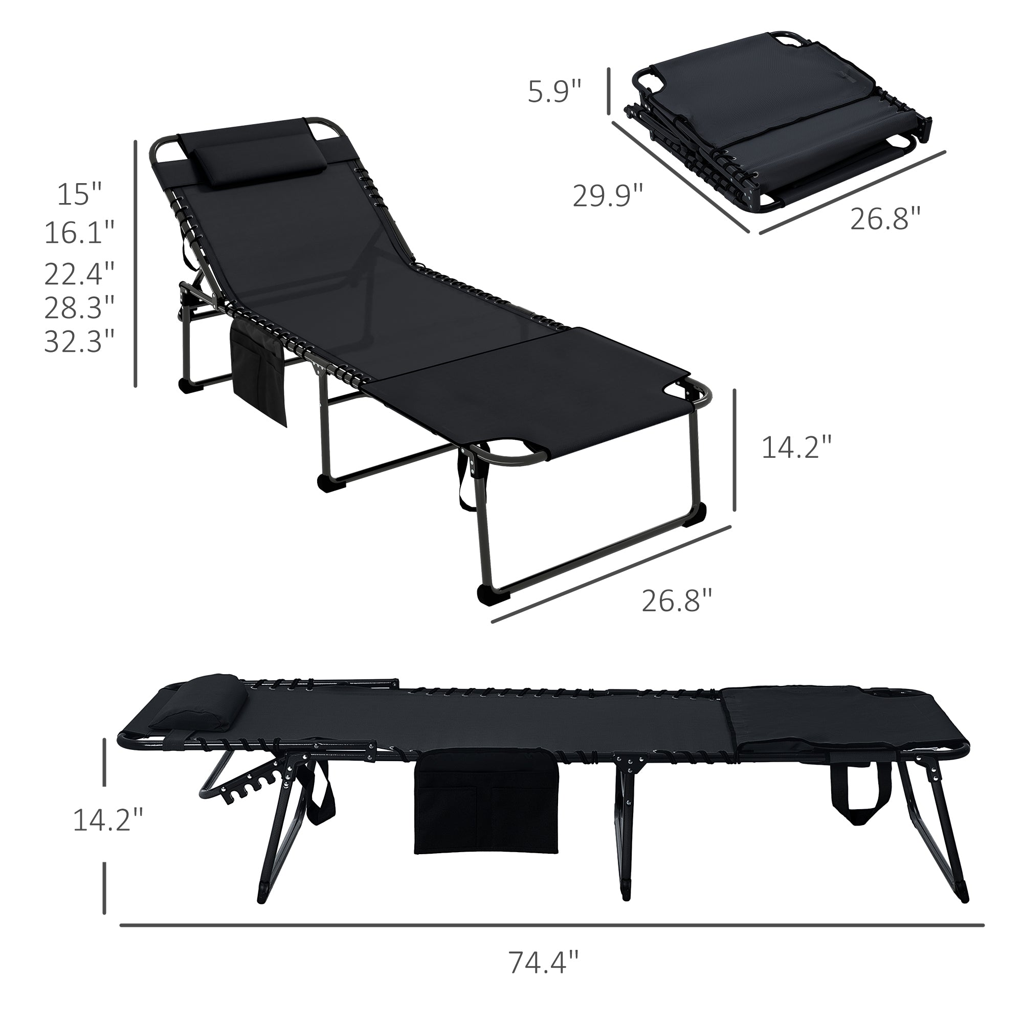 Outsunny 2 Piece Folding Chaise Lounge with 5-level Reclining Back, Outdoor Tanning Chair with Reading Face Hole, Outdoor Lounge Chair with Side Pocket & Headrest for Beach, Yard, Patio, Black