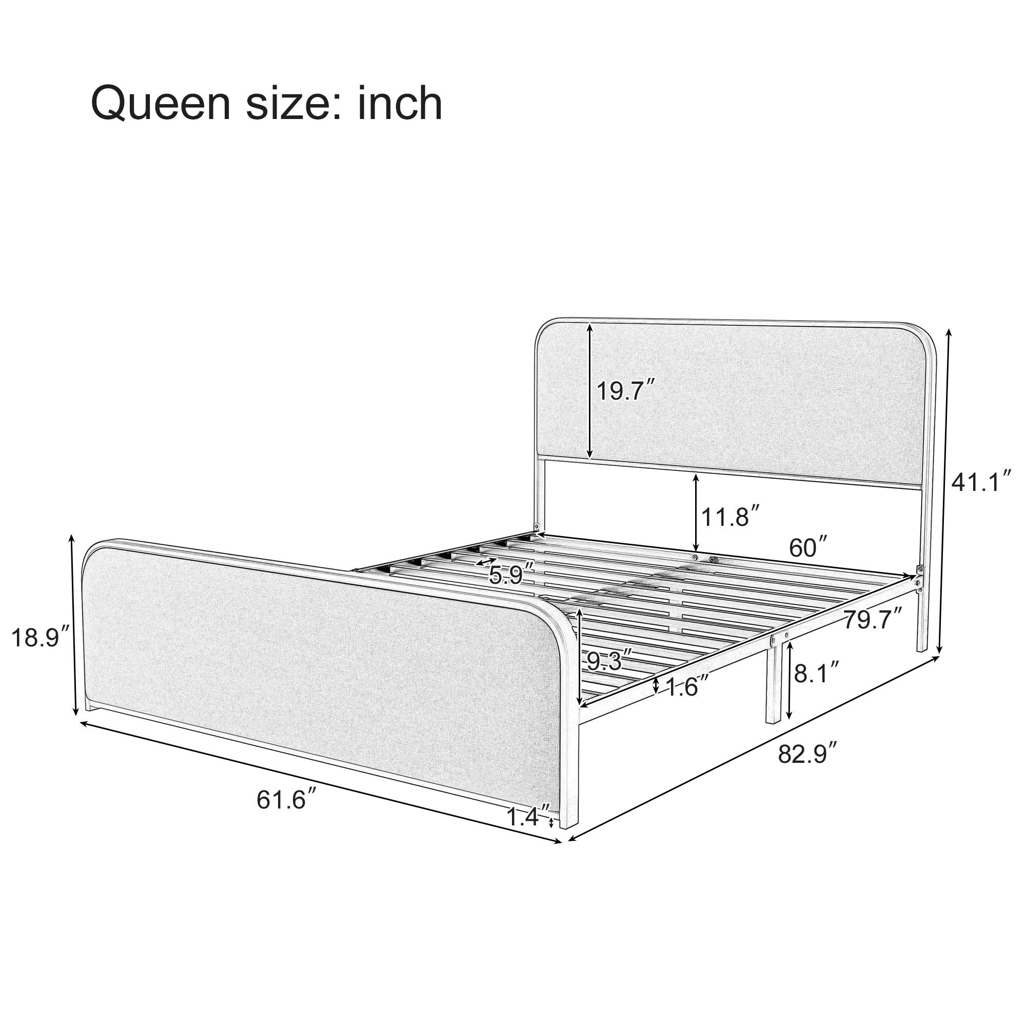 Modern Metal Bed Frame with Curved Upholstered Headboard and Footboard Bed with Under Bed Storage, Heavy Duty Metal Slats, Queen Size, Grey