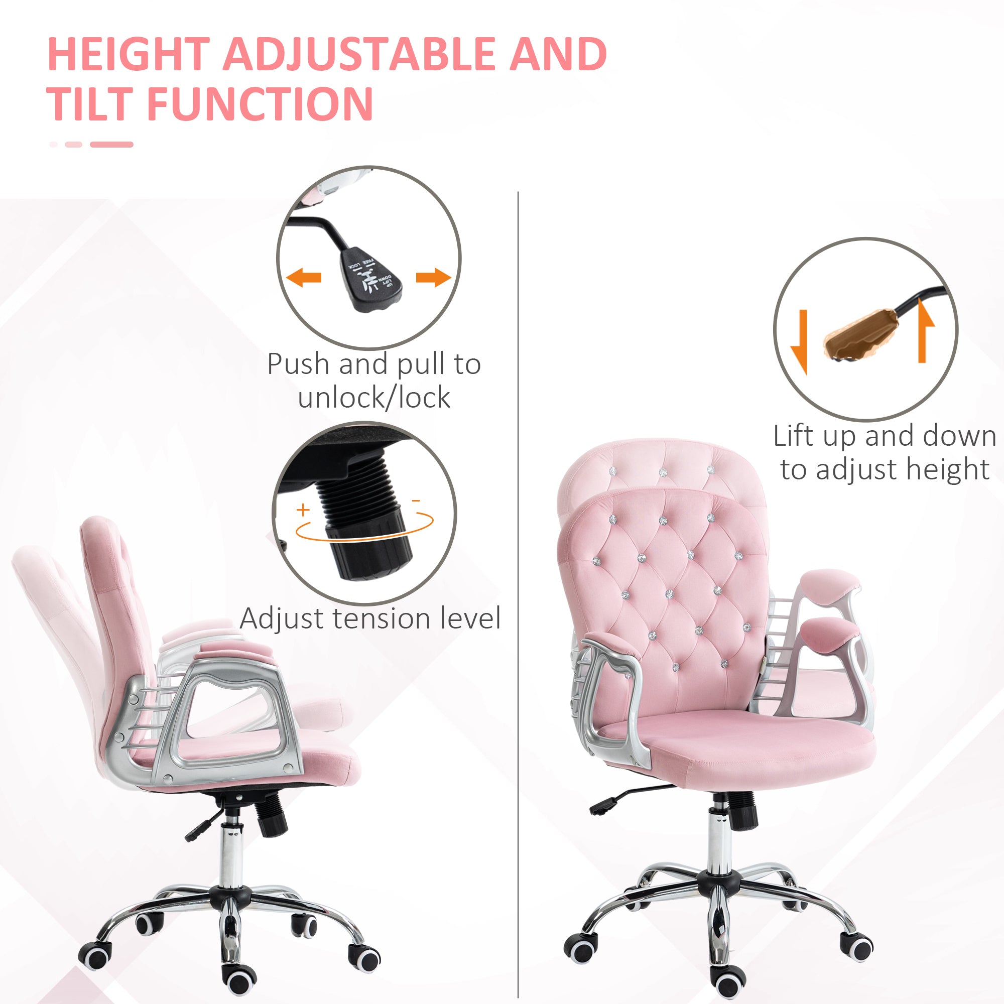 Vinsetto Velvet Home Office Chair, Button Tufted Desk Chair with Padded Armrests, Adjustable Height and Swivel Wheels, Pink