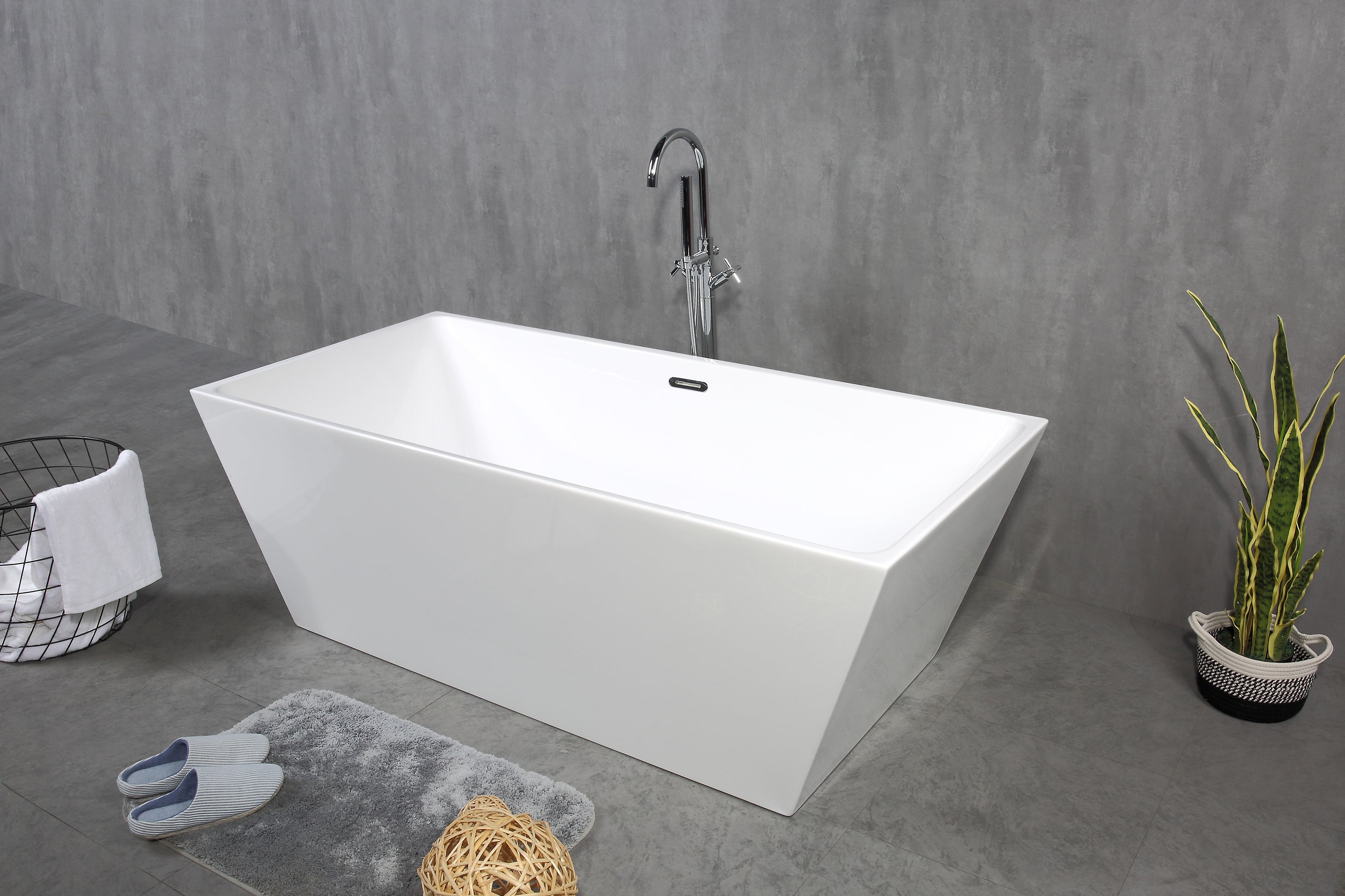 67"L x 30"W Acrylic Rectangular Freestanding Bathtub, Contemporary Soaking White Tub with Brushed Nickel Overflow and Pop-up Drain, cUPC Certified, Glossy White YY032-168-66-W-S