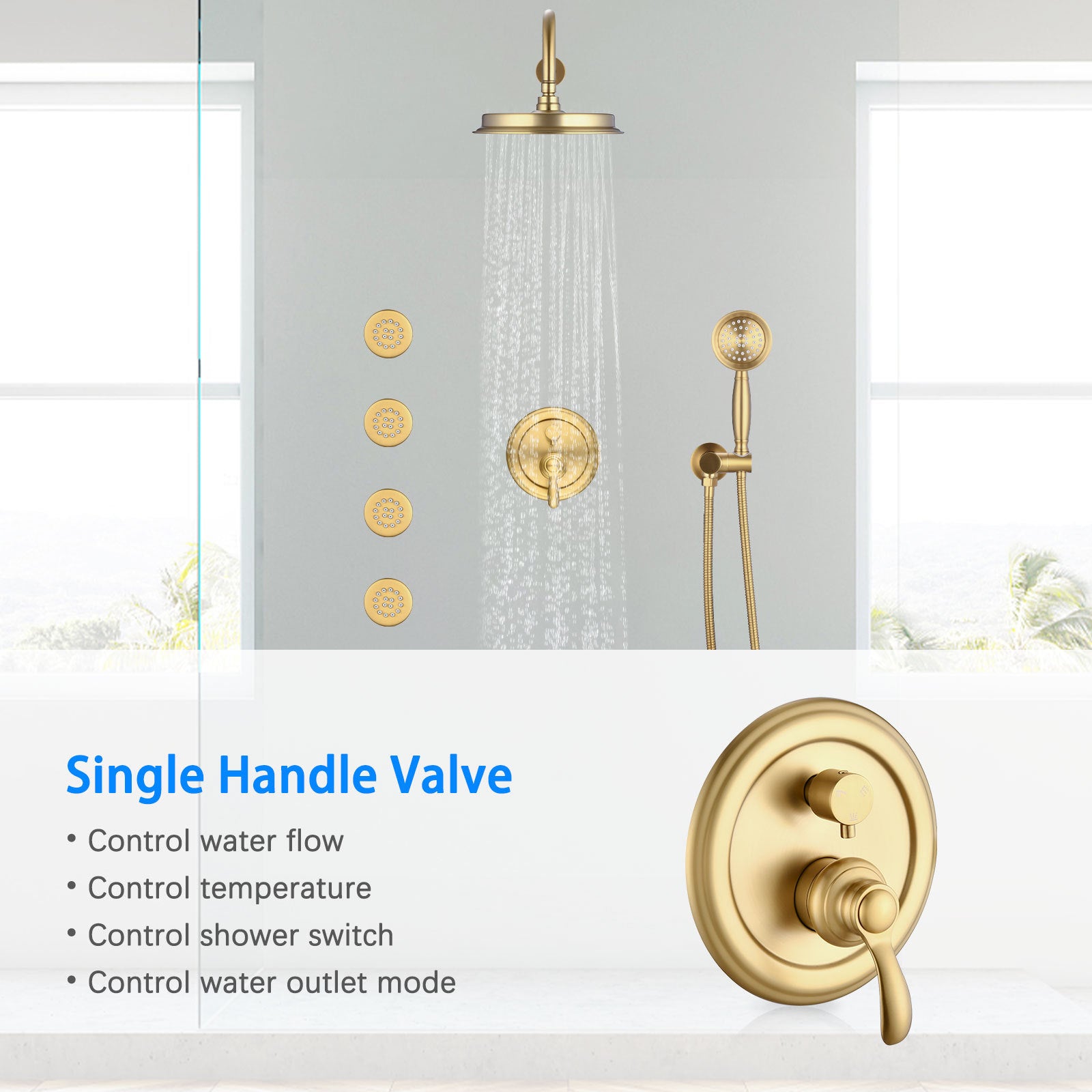 Single-Handle 4-Spray Patterns Bathroom Rain Shower Faucet with Body Jet Handshower in Brushed Gold (Valve Included)