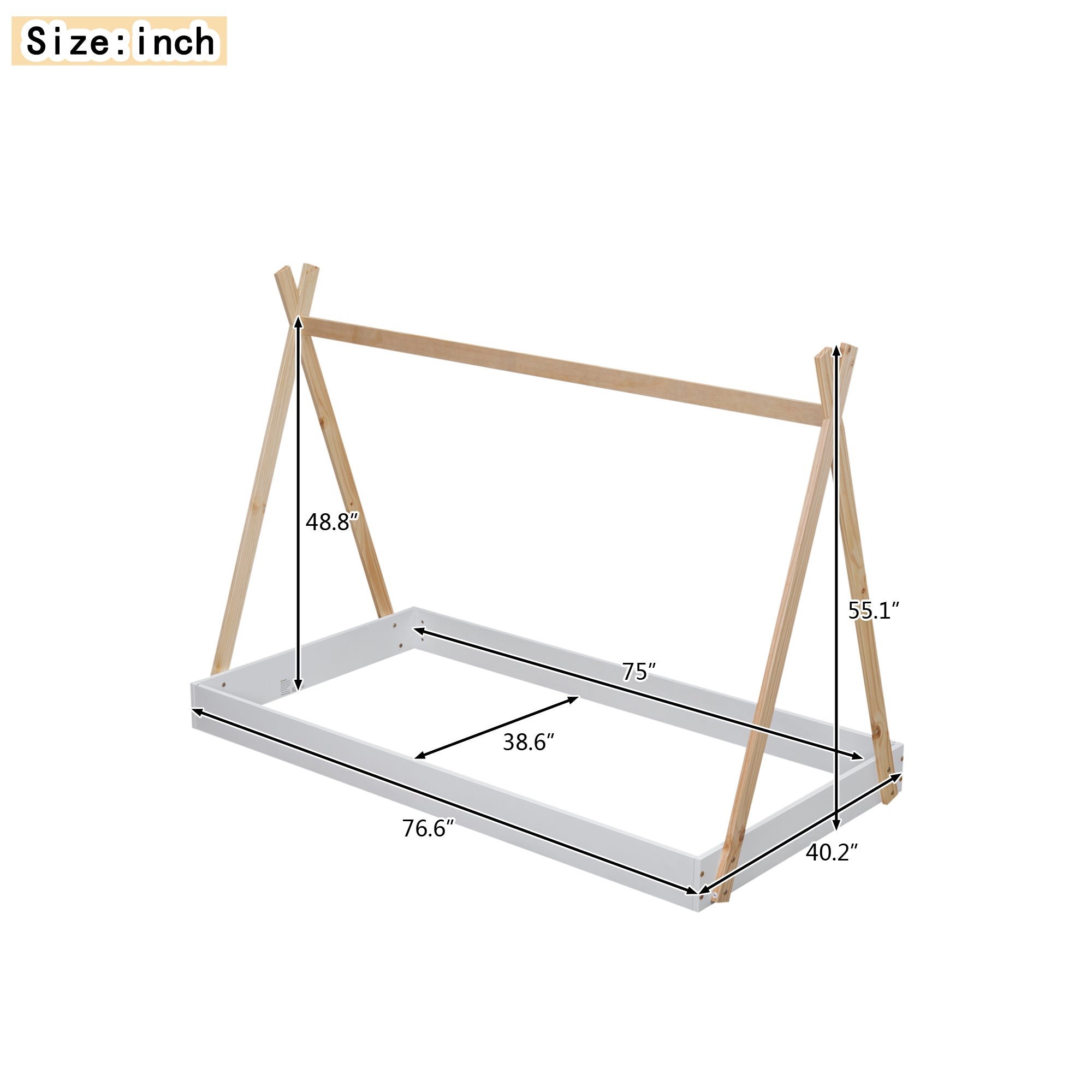 Twin Size Tent Floor Bed with Triangle Structure, White+Natural