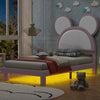 Twin Size Upholstered Platform Bed with Cartoon Ears Shaped Headboard and LED, White&Pink