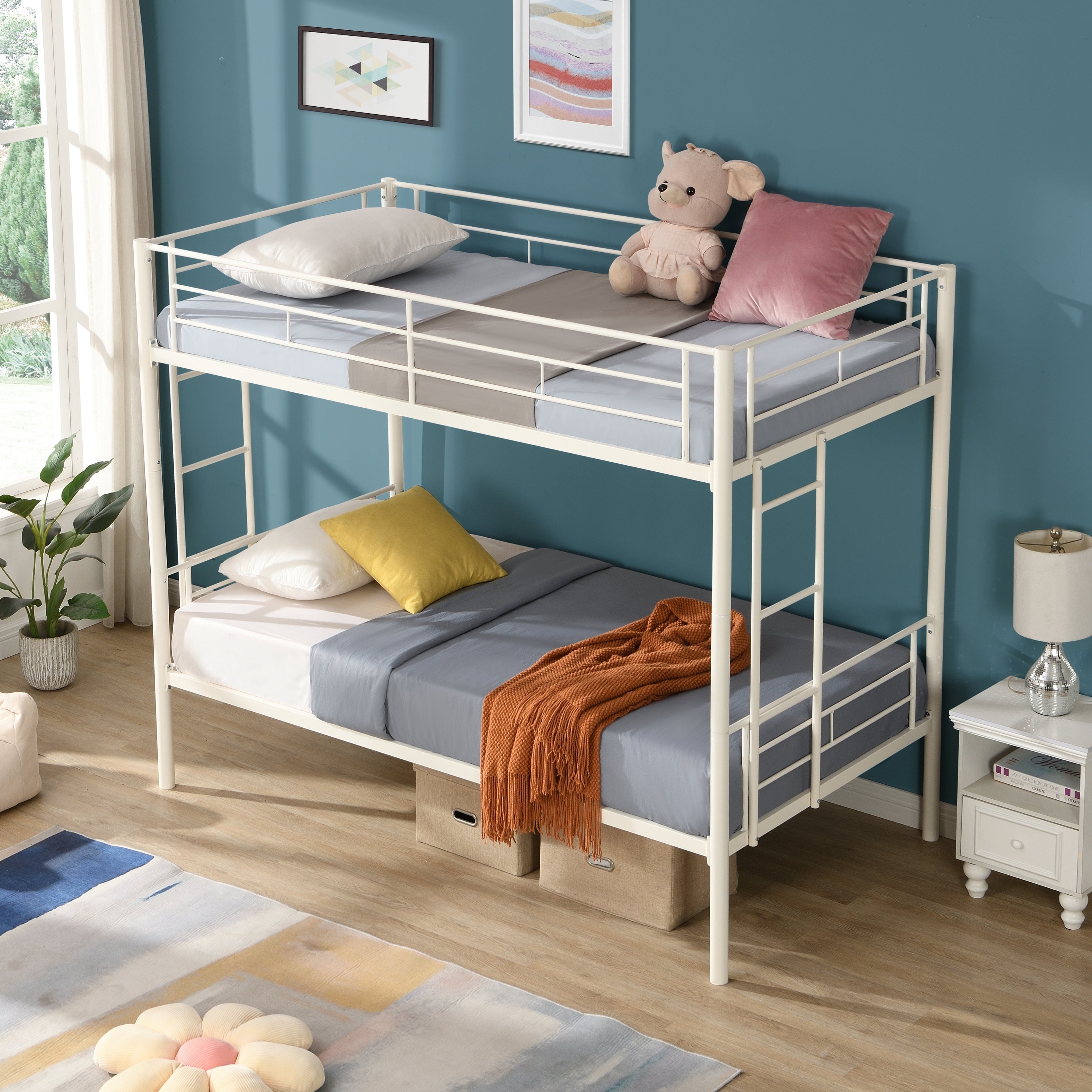 Twin Over Twin Metal Bunk Bed,Metal Structure Bedframe with Safety Guardrails and 2 ladders,Convertible Bunkbeds,No Spring Box Required and Space Saving Design,White