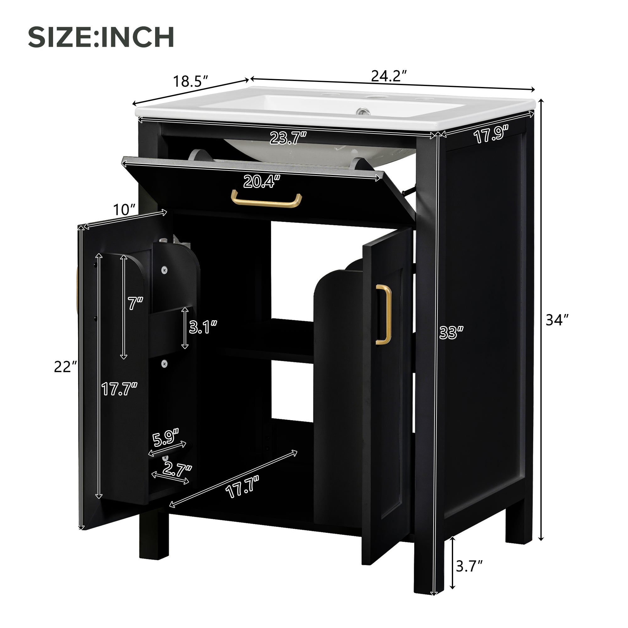 24"Bathroom Vanity Combo with Ceramic sink, Luxurious Space-Saving Vanity - W24"*D18"*H34"inch, 2 Soft Close Doors