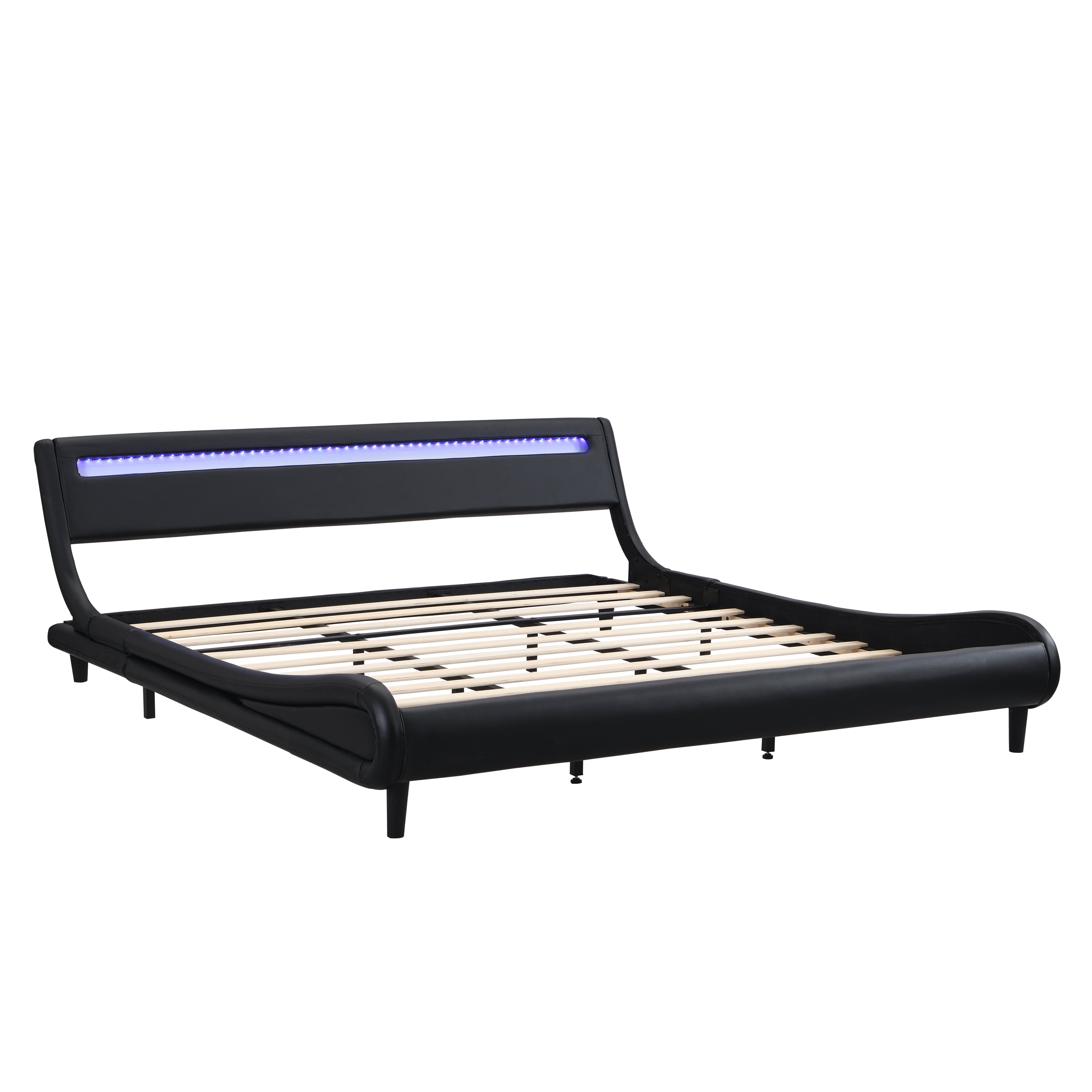 Modern Upholstered Platform Bed Frame with LED Lights Headboard, Faux Leather Wave-Like Platform Bed Frame,Strong Wood Slats Support, Easy Assembly, Black, King Size