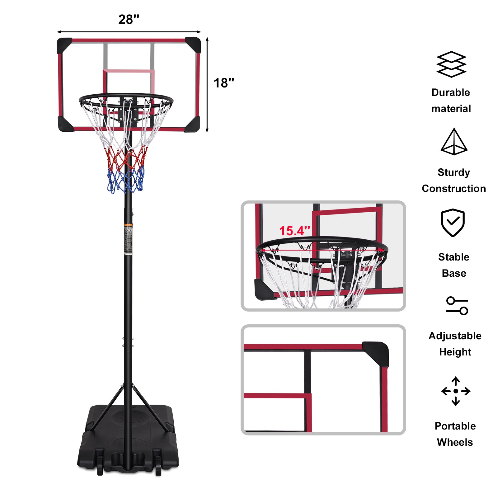 Portable Basketball Goal System with Stable Base and Wheels, use for Indoor Outdoor teenagers youth height adjustable 5.6 to 7ft Basketball Hoop 28 Inch Backboard