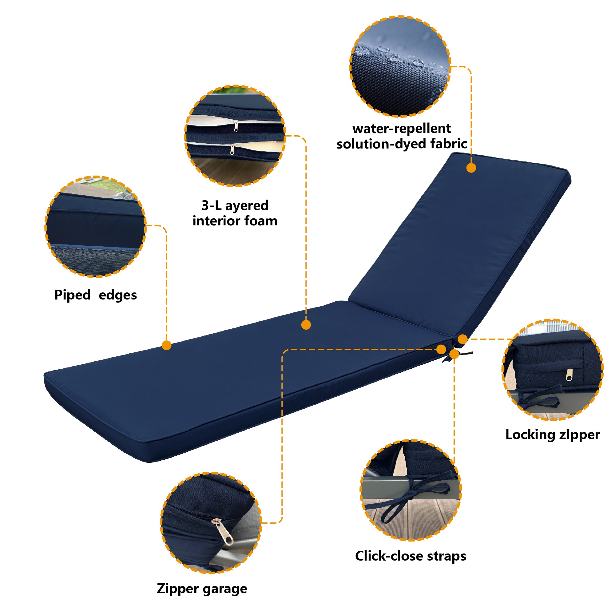 Outdoor Lounge Chair Cushion Replacement Patio Funiture Seat Cushion Chaise Lounge Cushion-Navy Blue