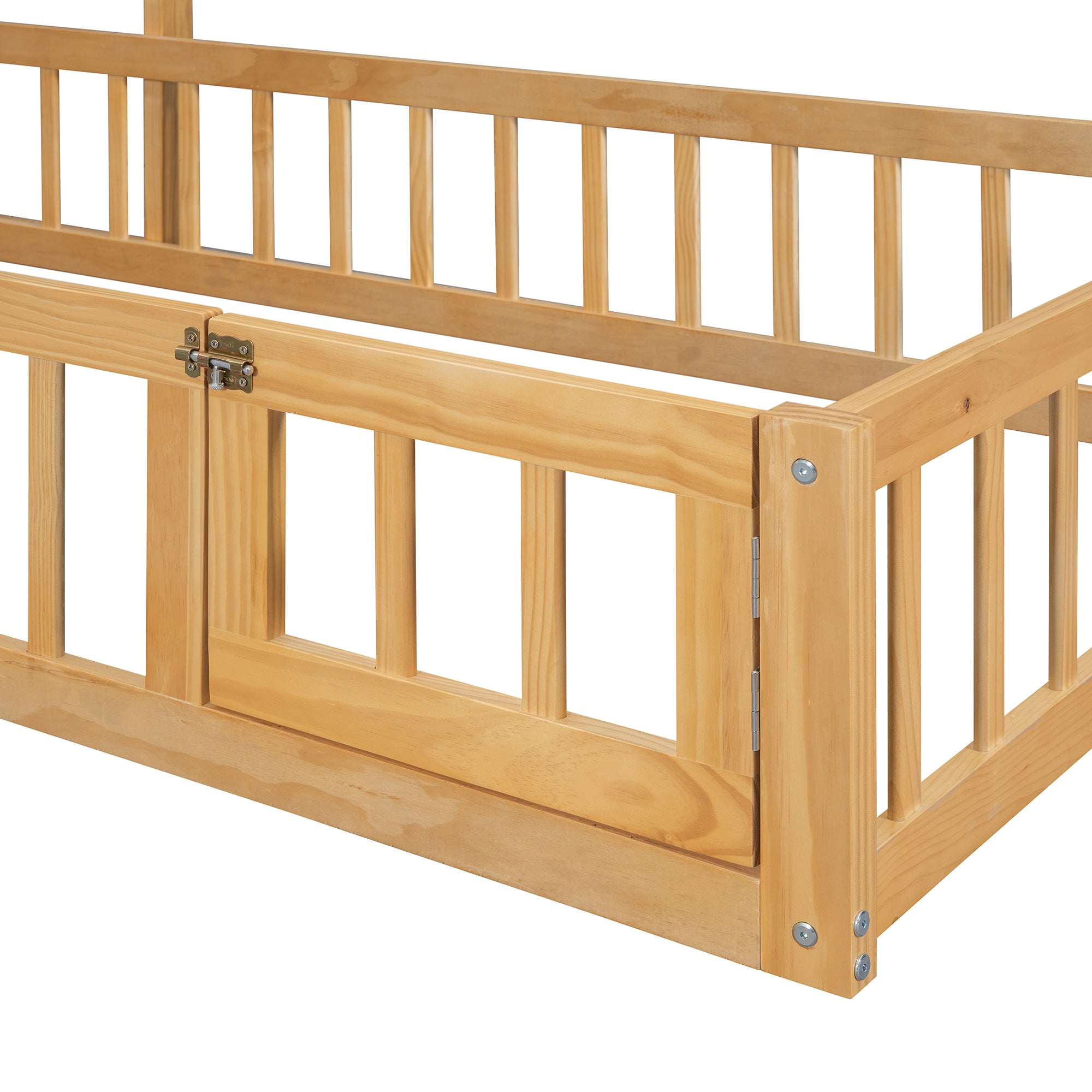 Wooden Floor Bed with Fence Railings and Detachable House Shape Headboard, Twin Size Bed with Kids Dress Up Rack, Kids Montessori Style Playhouse Frame for Girls Boys, Natural