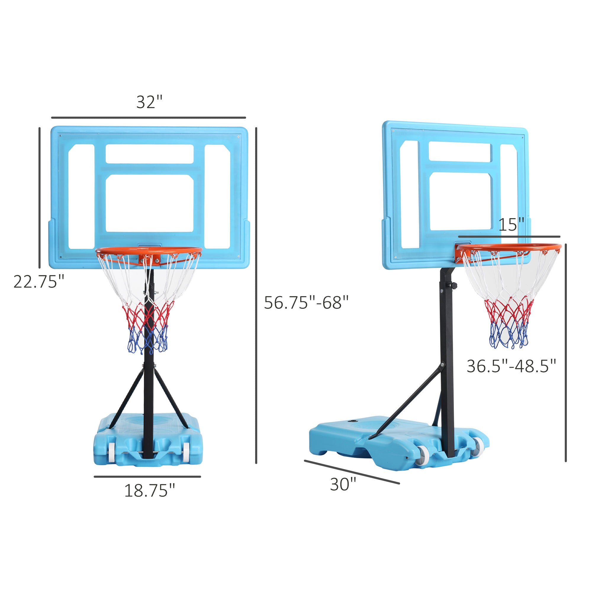 Soozier Poolside Basketball Hoop Stand, 36.5"-48.5" Height Adjustable Portable Hoop System w/ Clear Backboard & Fillable Base for Whole Family, Blue, Black, Red