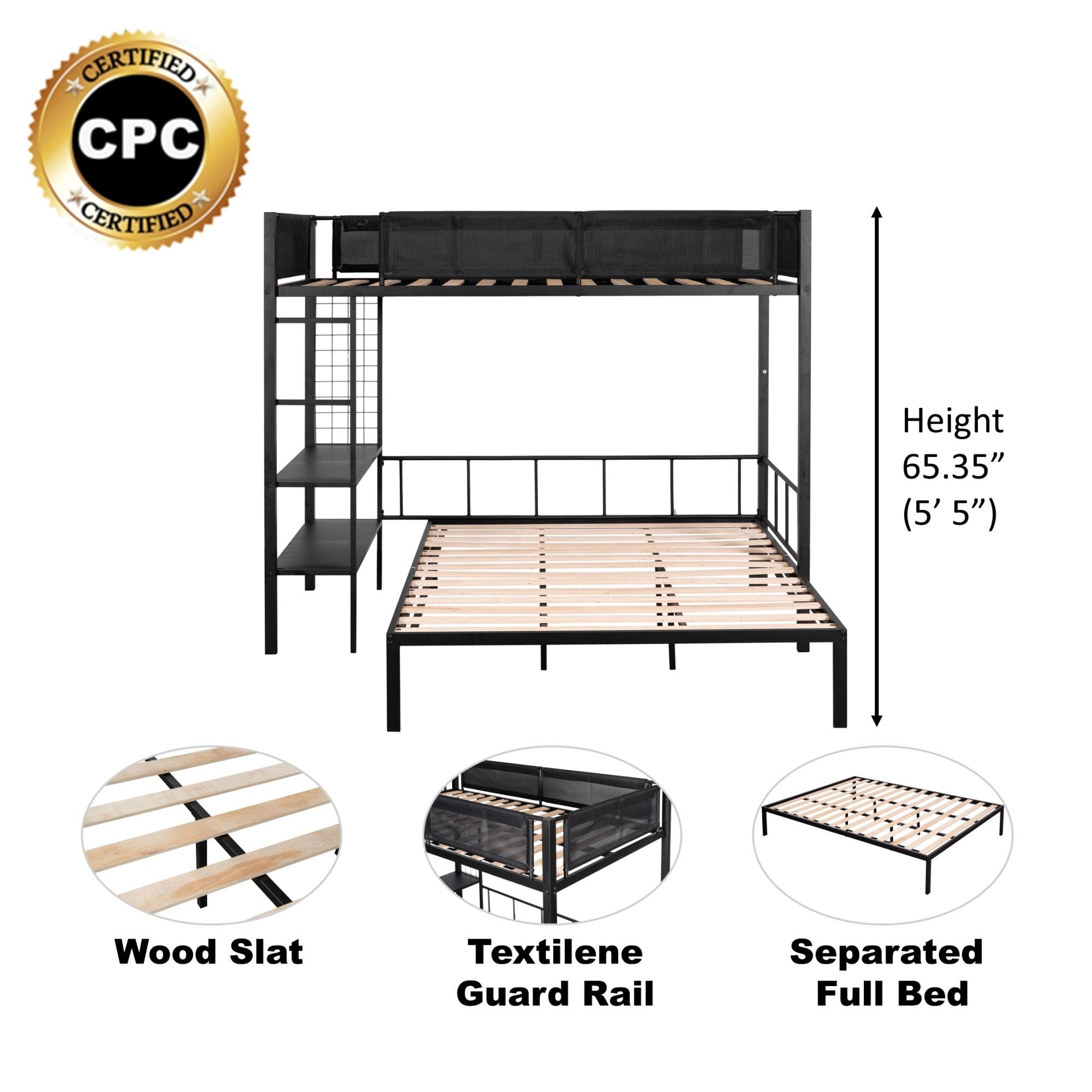 Metal Twin over Full Bunk with Shelves & Grid Panel/ Sturdy Metal Bed Frame/ Noise-free Wood Slats/ Comfortable Textilene Guardrail/ Built-in 2-tier Shelves & Grid Panel/ Separated Full size Bed