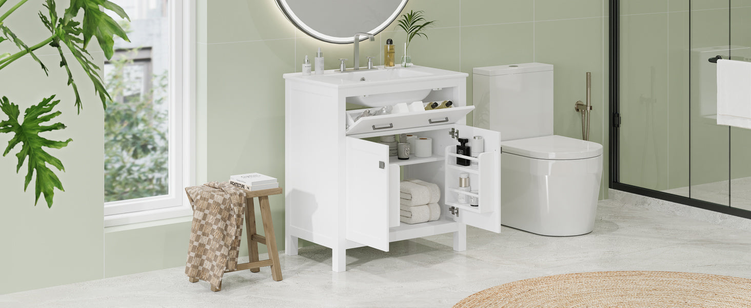 30-inch Bathroom Vanity with Ceramic Sink, Modern White Single Bathroom Cabinet with 2 Doors and a Shelf, Soft Close Doors