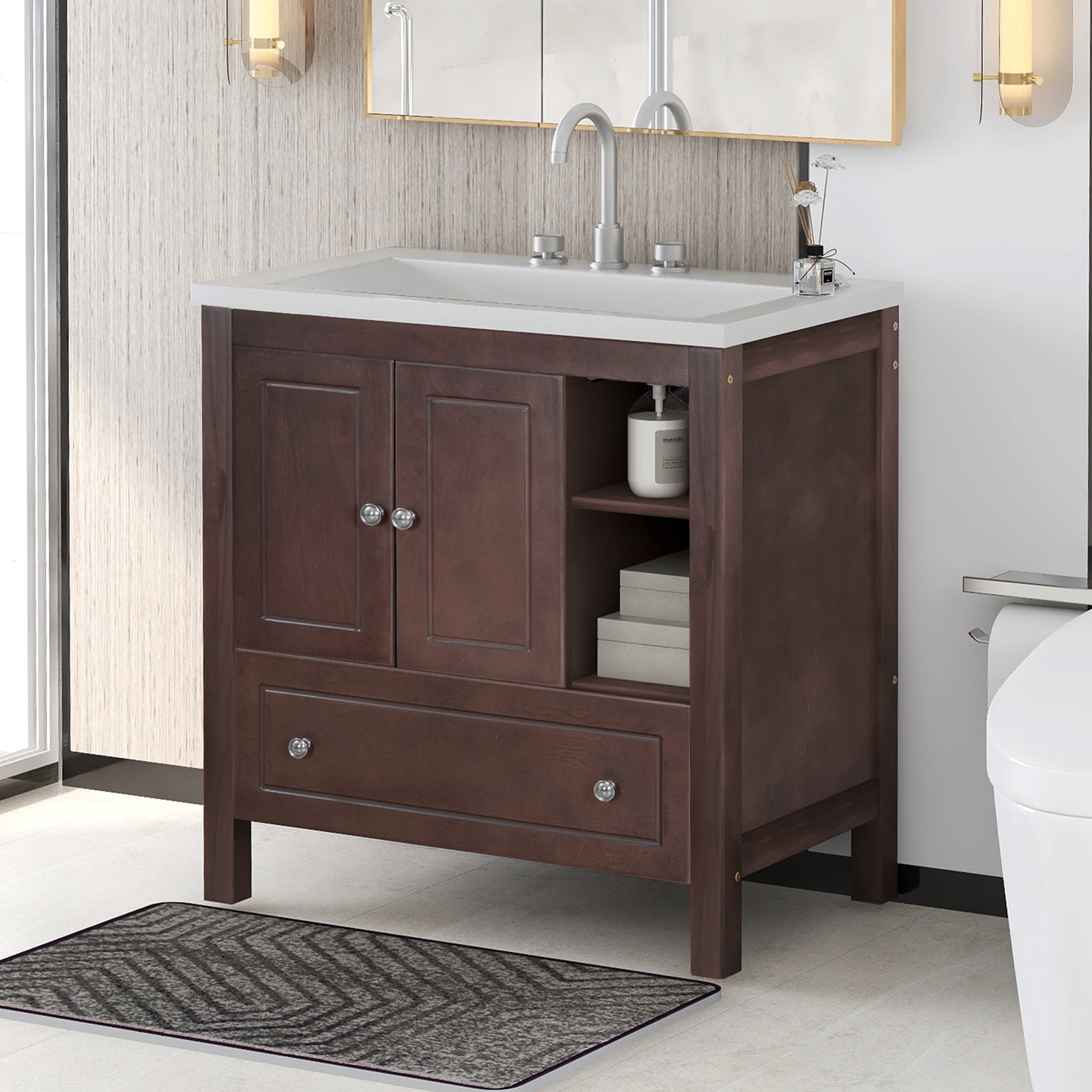 [VIDEO] 30" Bathroom Vanity with Sink, Bathroom Storage Cabinet with Doors and Drawers, Solid Wood Frame, Ceramic Sink, Brown (OLD SKU: JL000002AAD)