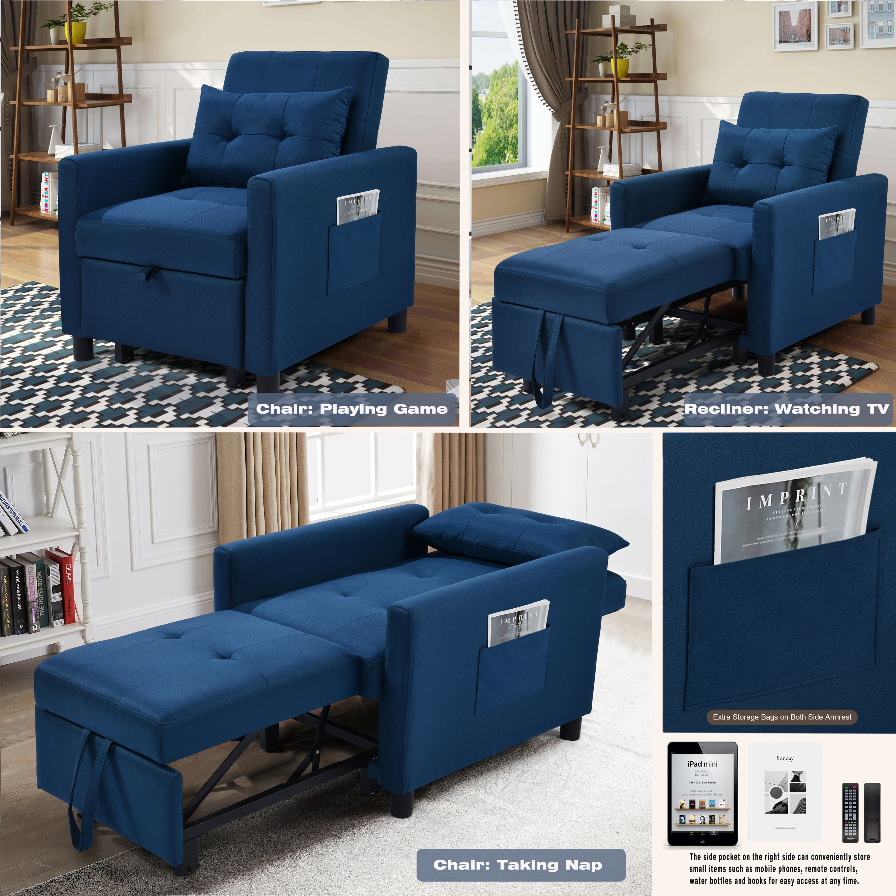 3-in-1 Convertible Futon Sofa Bed with Adjustable Backrest, Single Sofa Bed with Pull Out Sleeper, Convertible Futon Chair for Living Room, Side Bag and 1 Lumbar Pillow,Navy