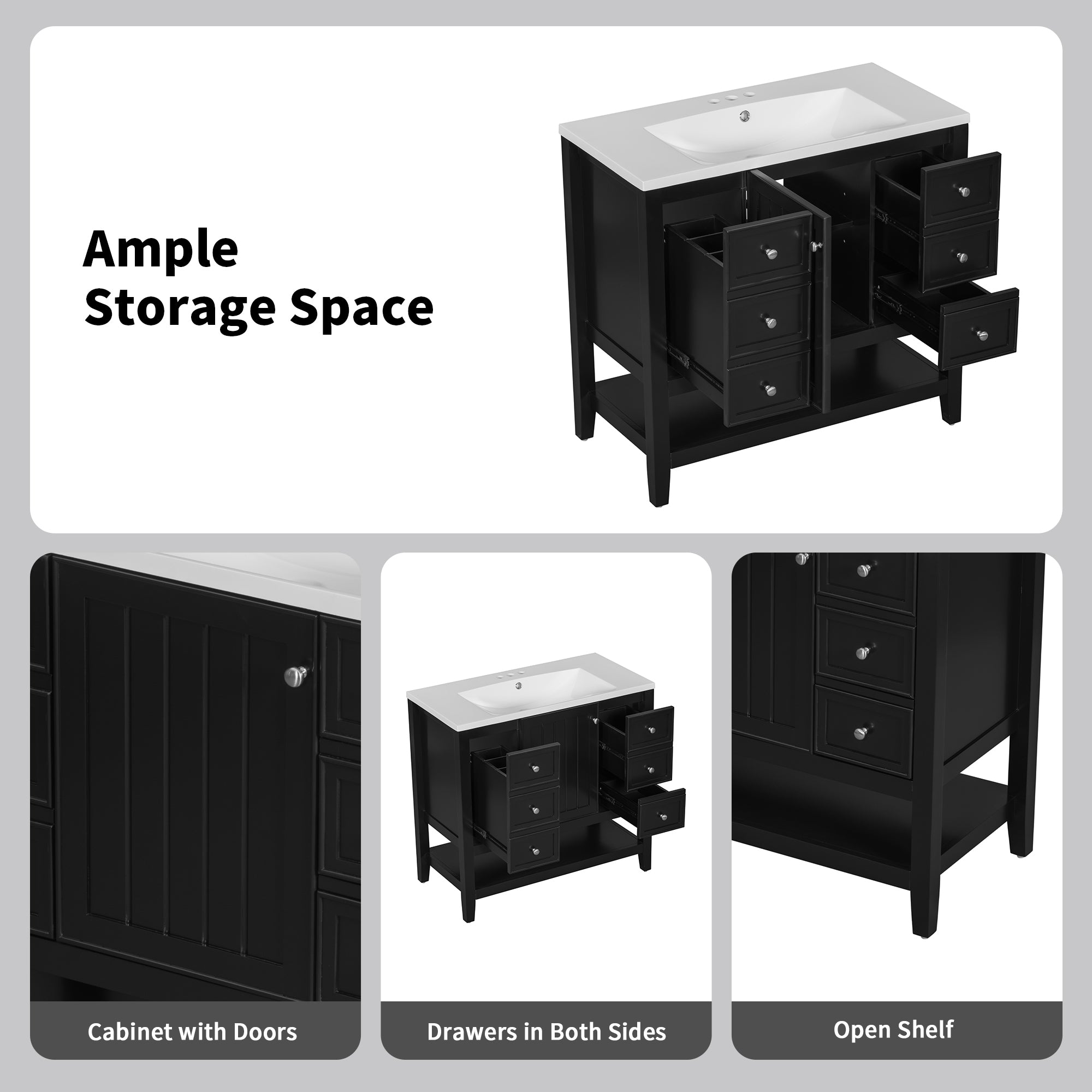 36" Bathroom Vanity with Sink Combo, One Cabinet and Three Drawers, Solid Wood and MDF Board, Black (Old Sku:SY999505AAB)