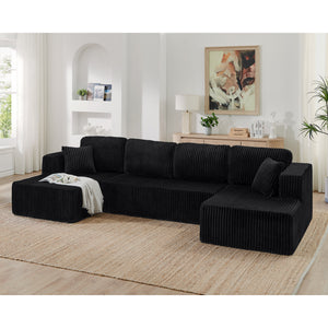 U-shape modular sectional sleeper sofa in black corduroy, full front view