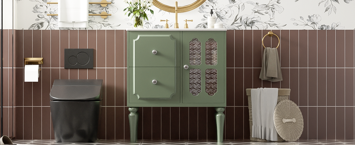 Retro Style 30'' Bathroom Vanity with Ceramic Sink Combo, Freestanding Single Vanity with 2 Drawers, Solid Wood Frame Bathroom Storage Cabinet, Green