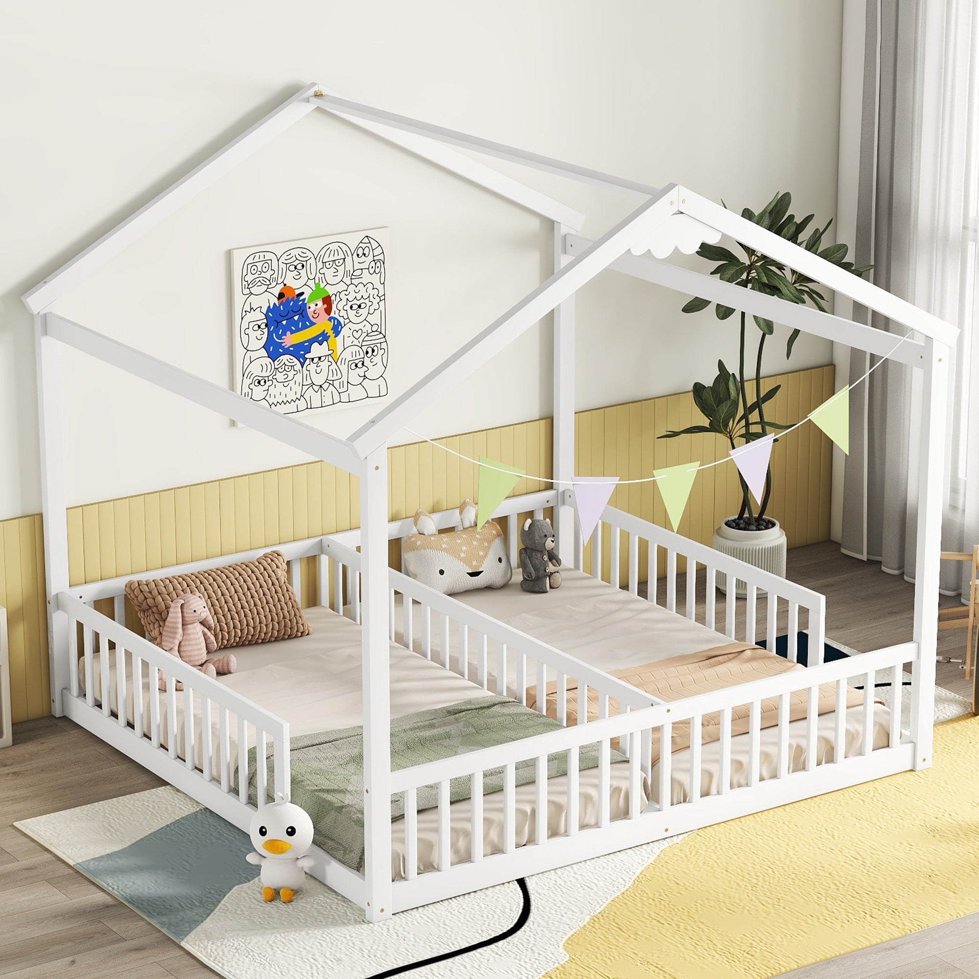 Double Twin House-Style Floor Bed with Fence, Guardrails, without door, White