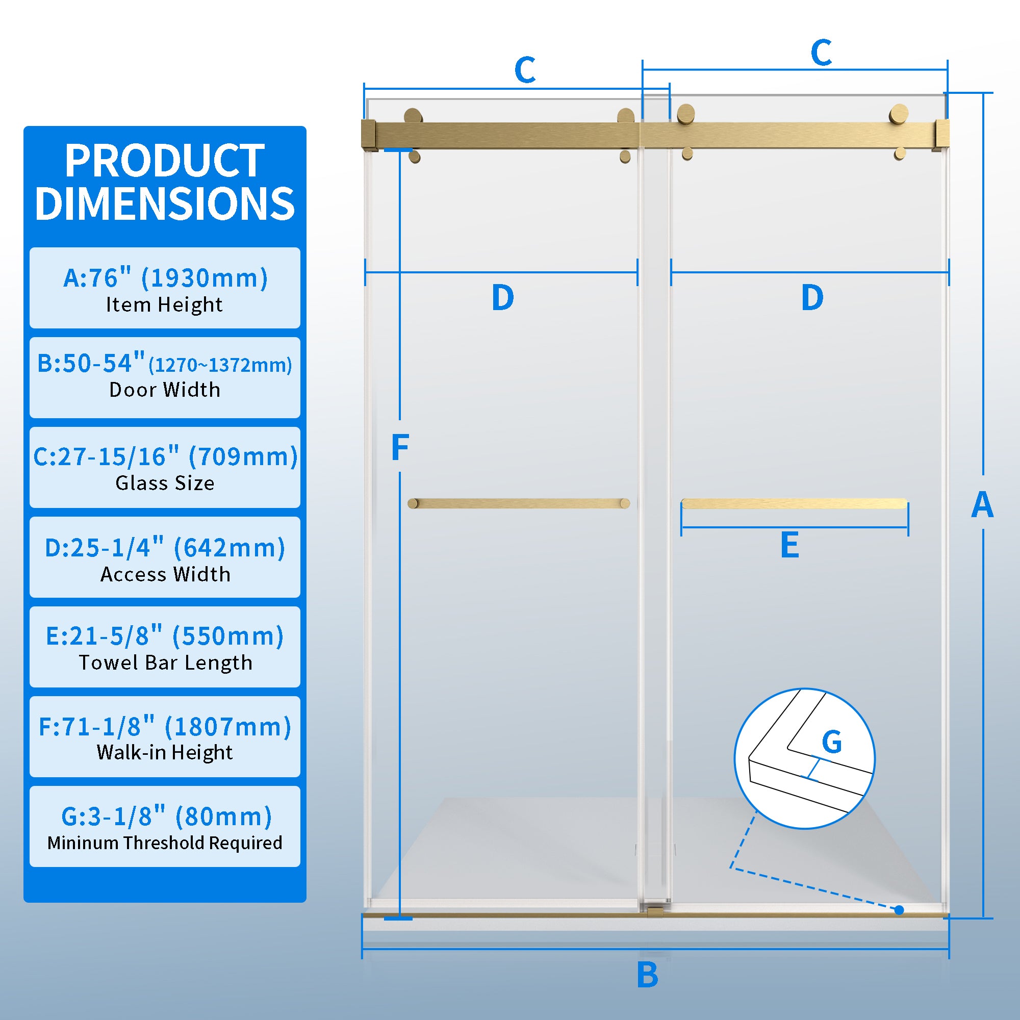 50-54"W × 76"H Double Sliding Frameless Shower Door With 3/8 inches (10mm) Clear Tempered Glass