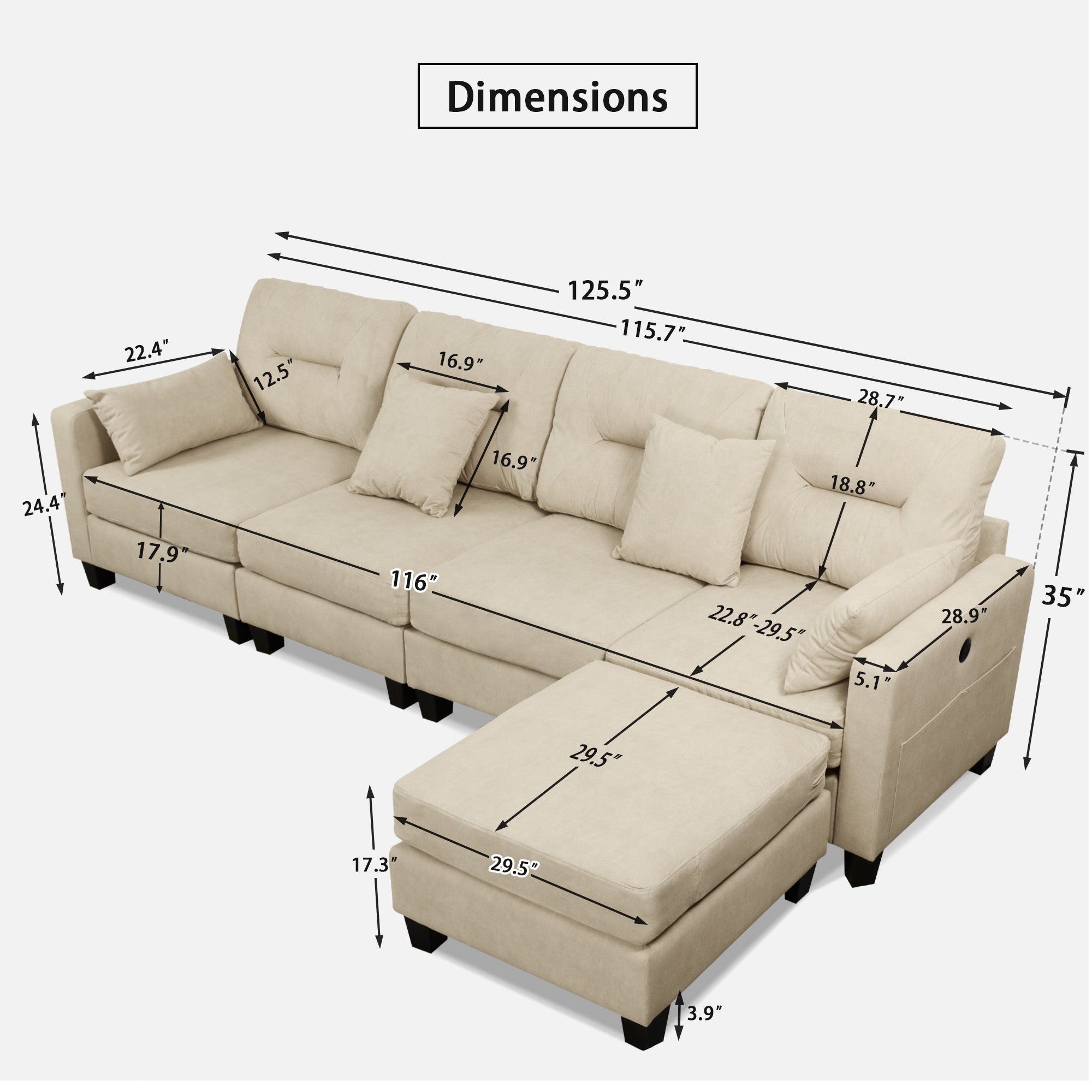 Oversized 125inch L Shaped Modular Sectional Couches with USB Ports, Ottoman, Lumbar Pillows