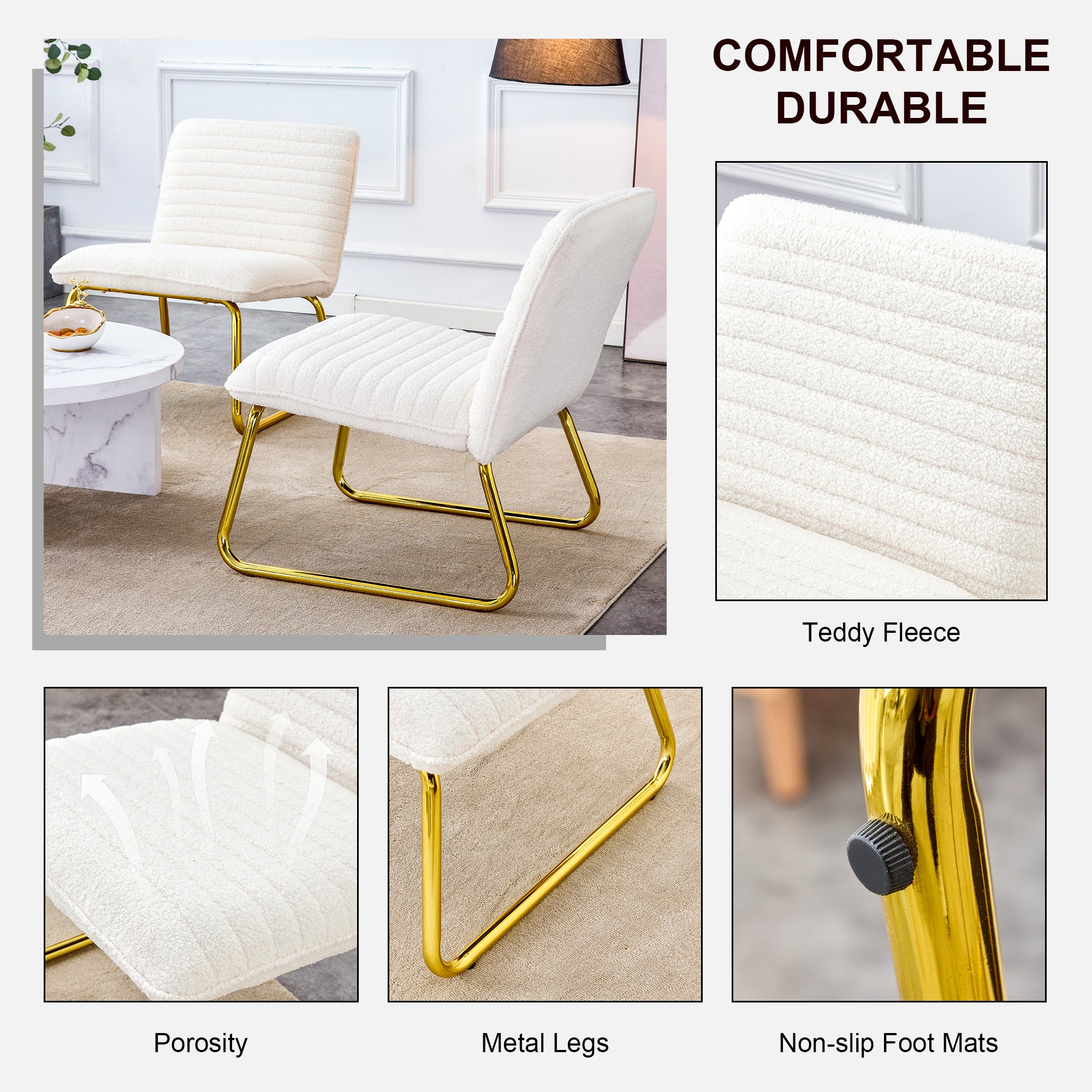 One White minimalist armless sofa chair with plush cushion and backrest paired with golden metal legs, suitable for offices, restaurants, kitchens, bedrooms