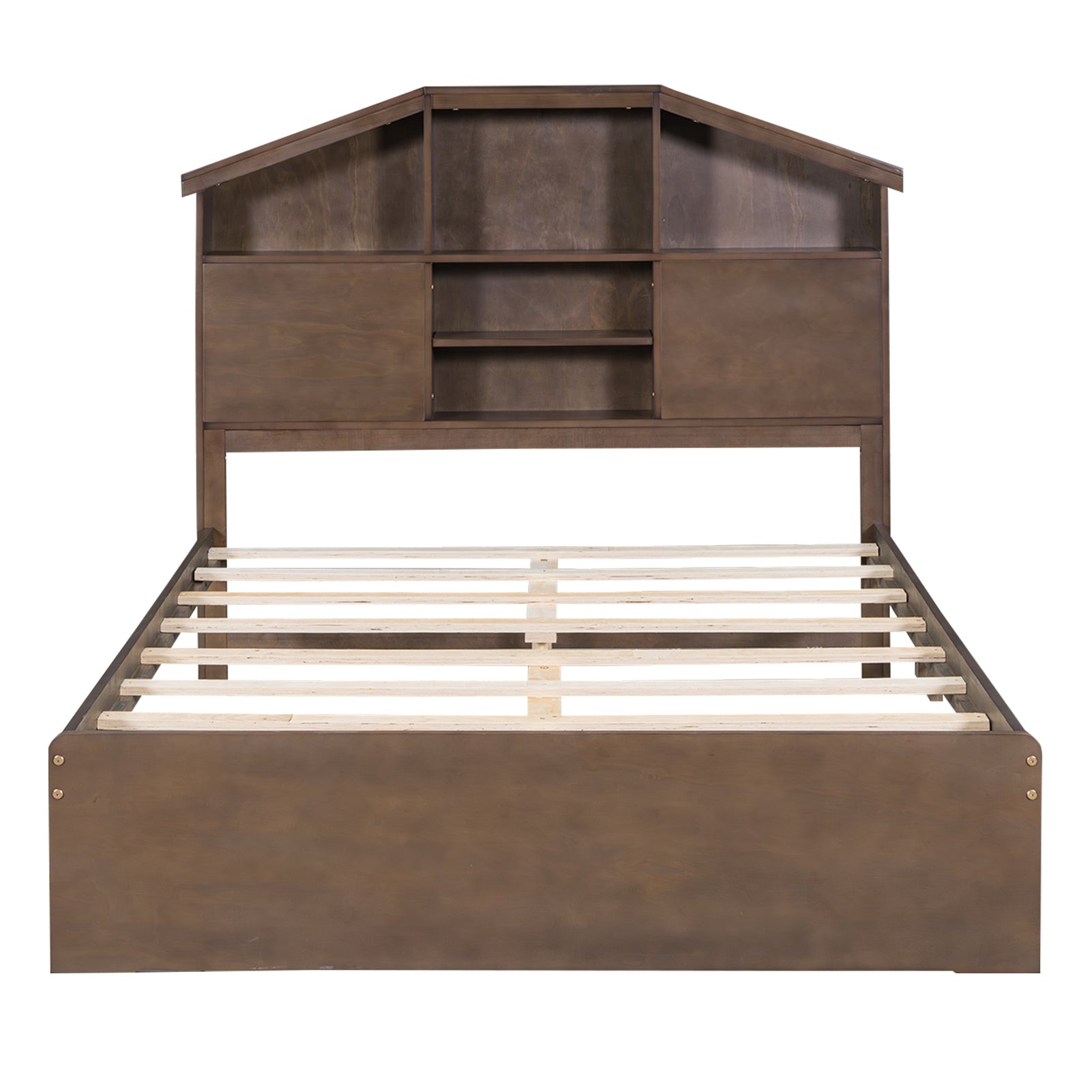 Full Size Wood Platform Bed with House-shaped Storage Headboard and 2 Drawers, Walnut