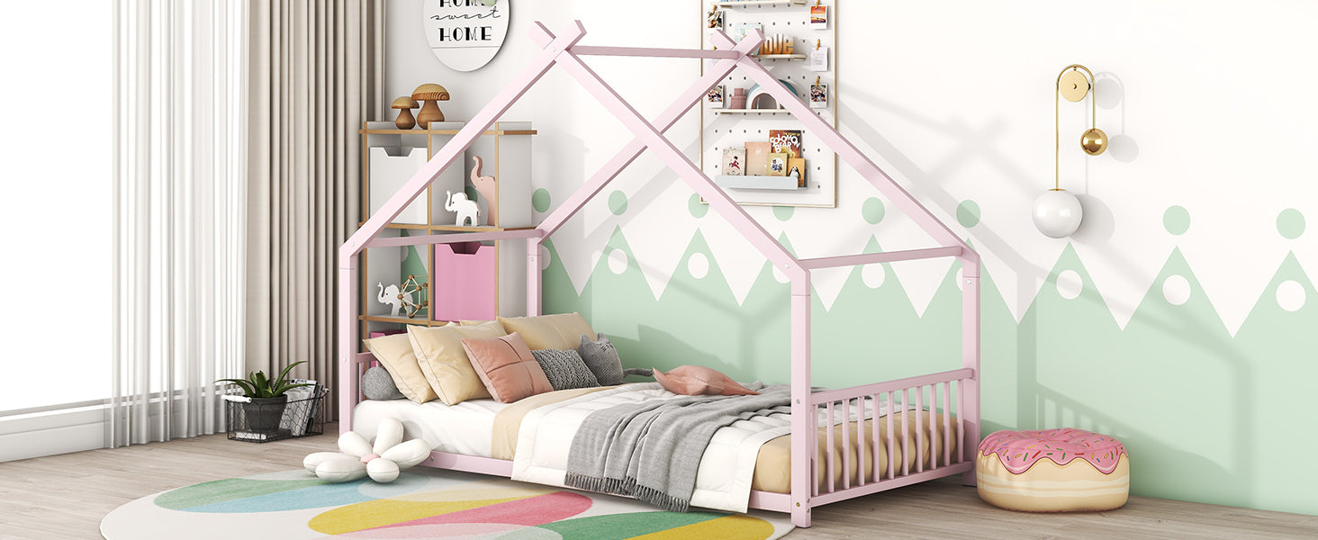 Twin Size Metal House Bed, Pink