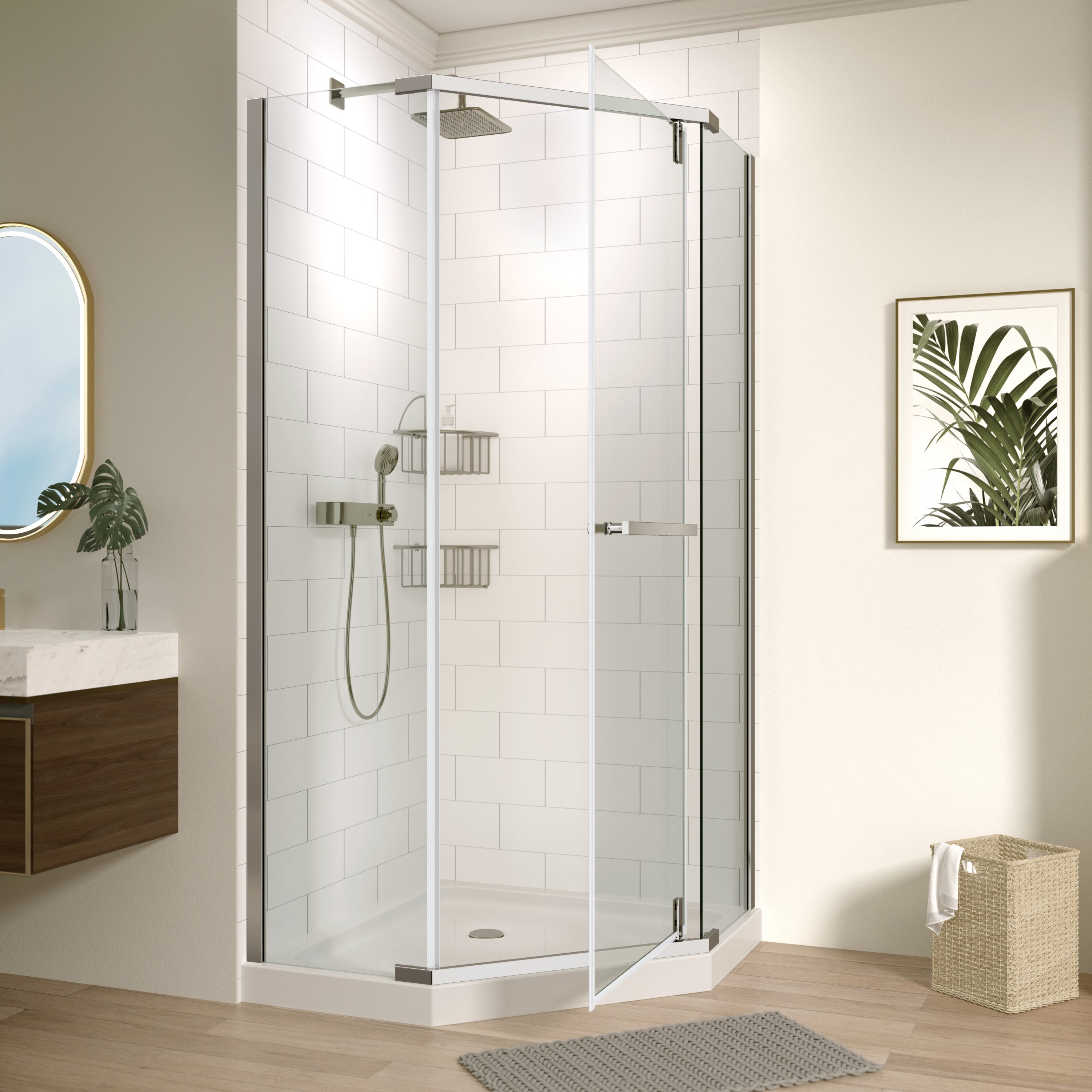 Pivot shower door, with 1/4" tempered glass , 34.75"W x 72"H Frameless Neo-Angle Pivot Shower Enclosure in Chrome.