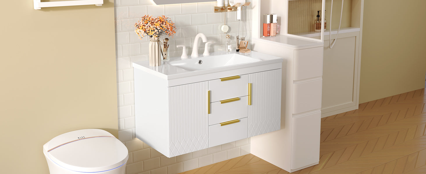 36'' Wall Mounted Bathroom Vanity with Resin Sink, Floating Bathroom Storage Cabinet with 2 Drawers, Solid Wood Bathroom Cabinet