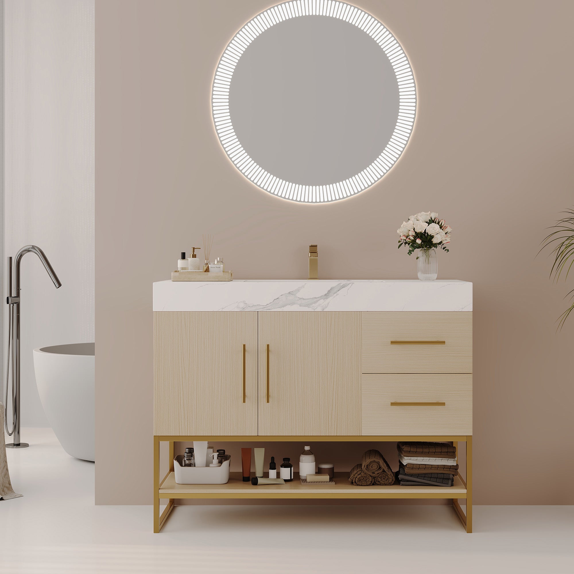 36-inch modern bathroom vanity with seamless ceramic sink, angled view