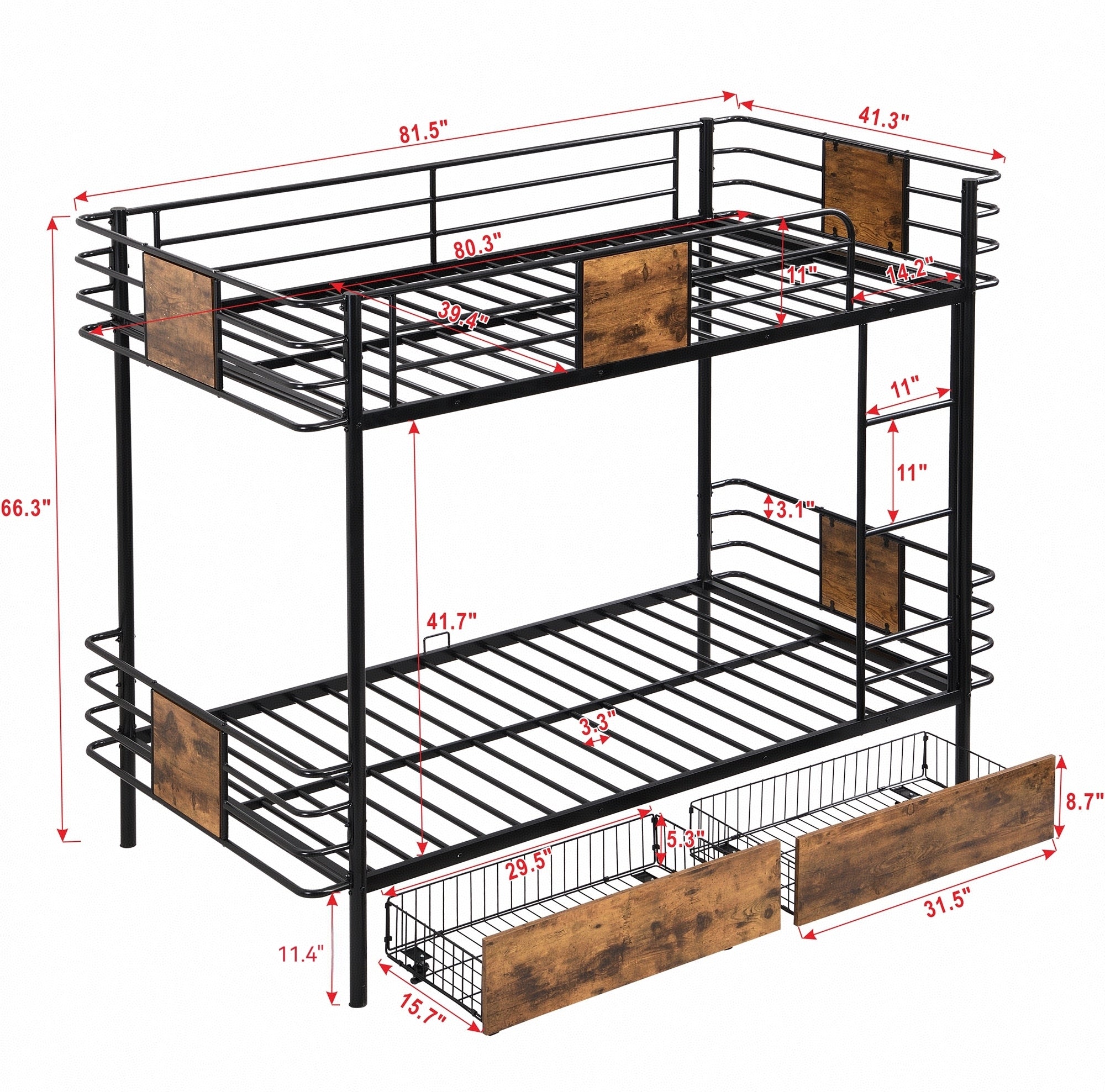 Twin XL over Twin XL Metal Bunk Bed with MDF Board Guardrail and Two Storage Drawers,Black