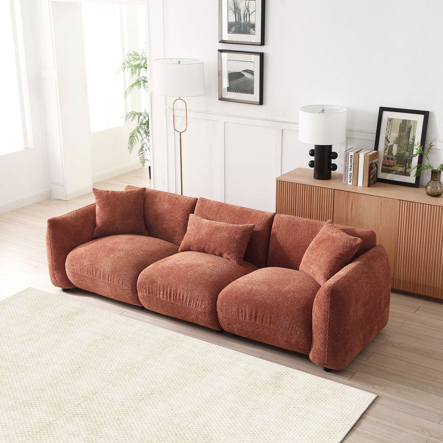 Mid Century Modern Couch 3-Seater Sofa for Livingroom, Orange