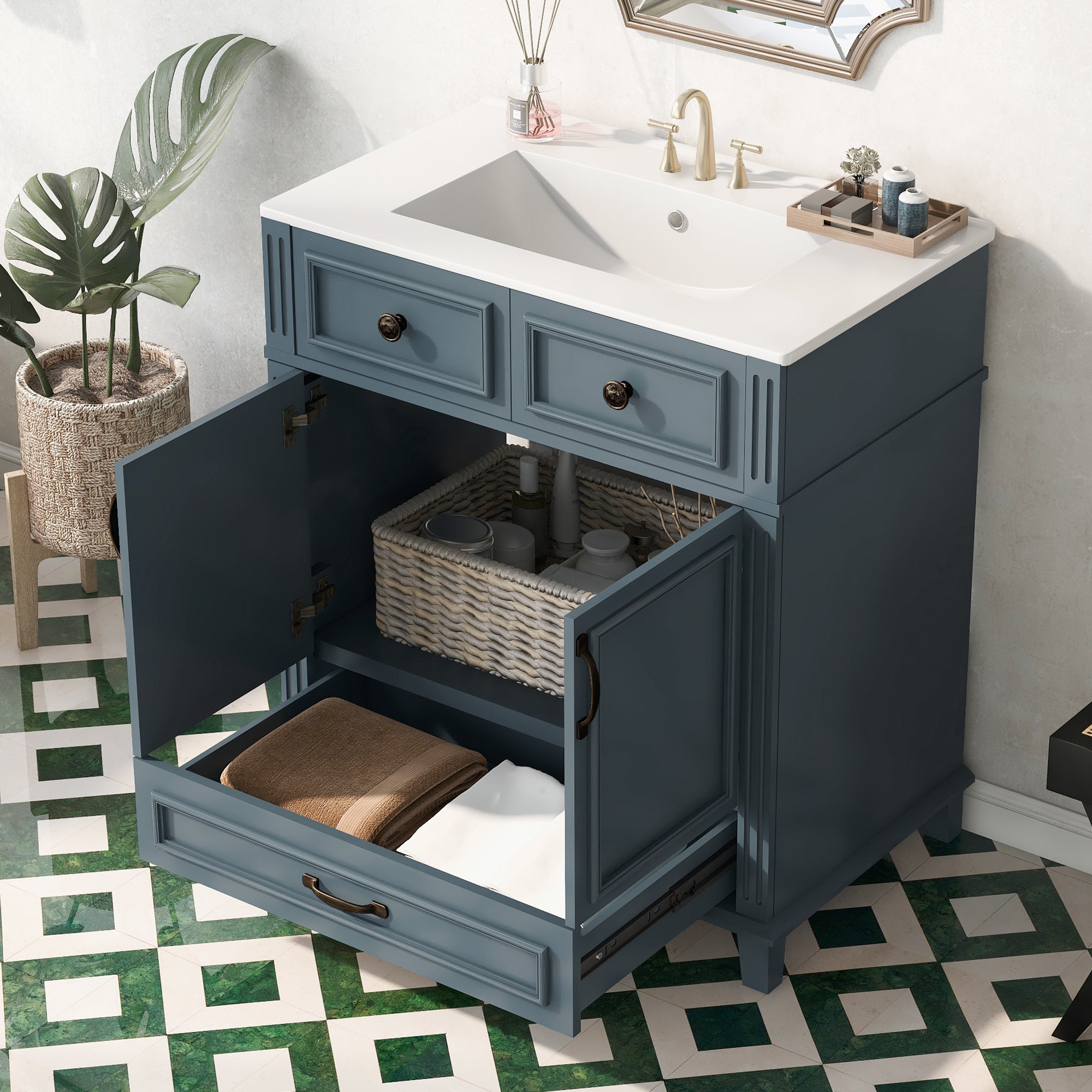 30-inch blue vanity ceramic sink basin close-up