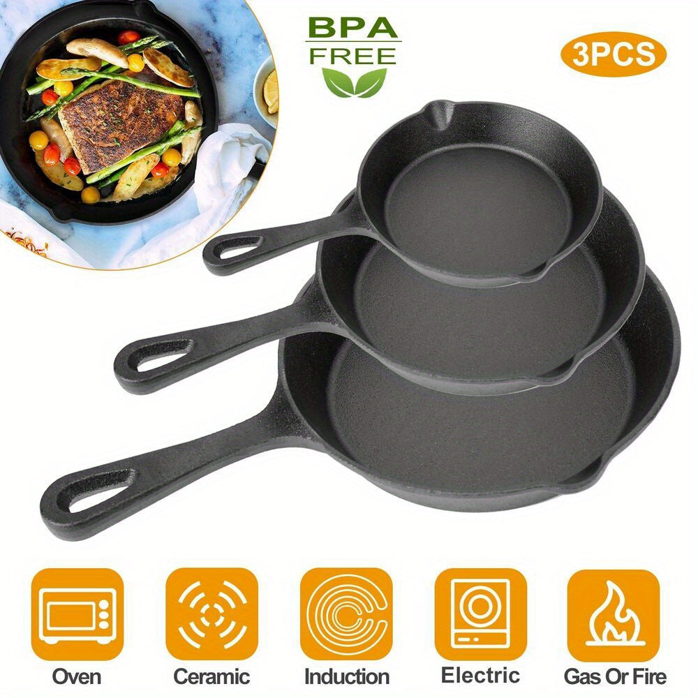 3-Pack 6"/8"/10" Kitchen Frying Pan Pre-Seasoned Cast Iron Frying Pan Set