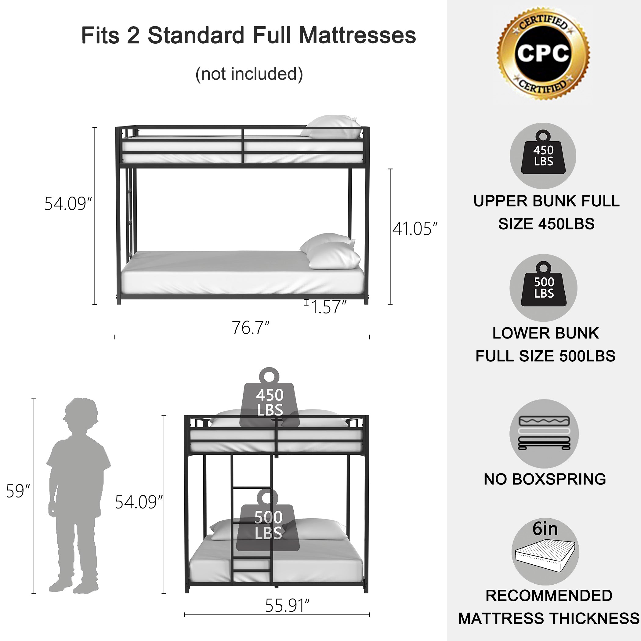 Adam Sturdy Full over Full Metal Bunk Black for Kids and Adult, Low Profile and Easy Climbing with Stable Ladder