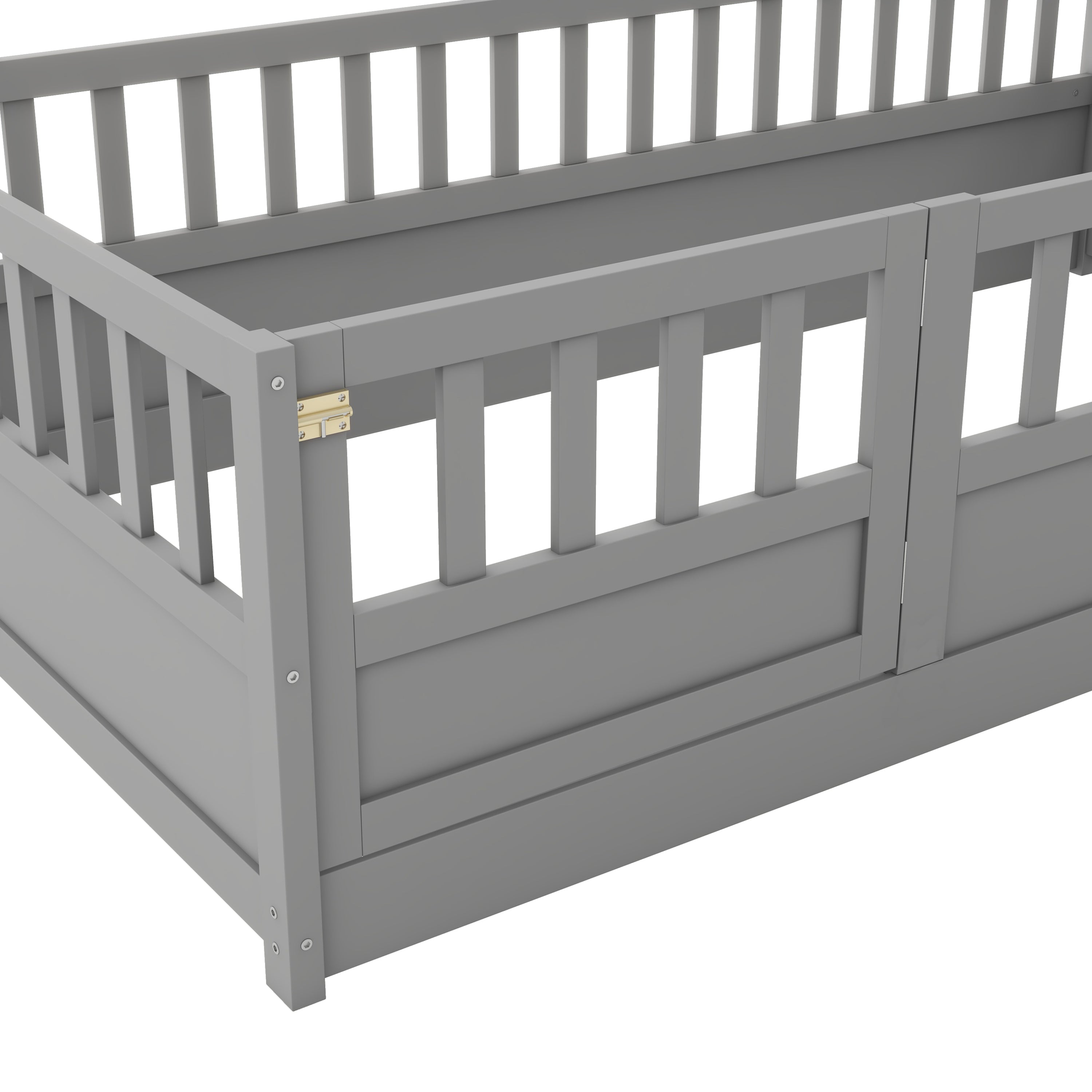 Twin Size Floor bed, integral construction with super high security barrier, door, children's floor bed frame, Montessori wooden children's floor bed,  Grey