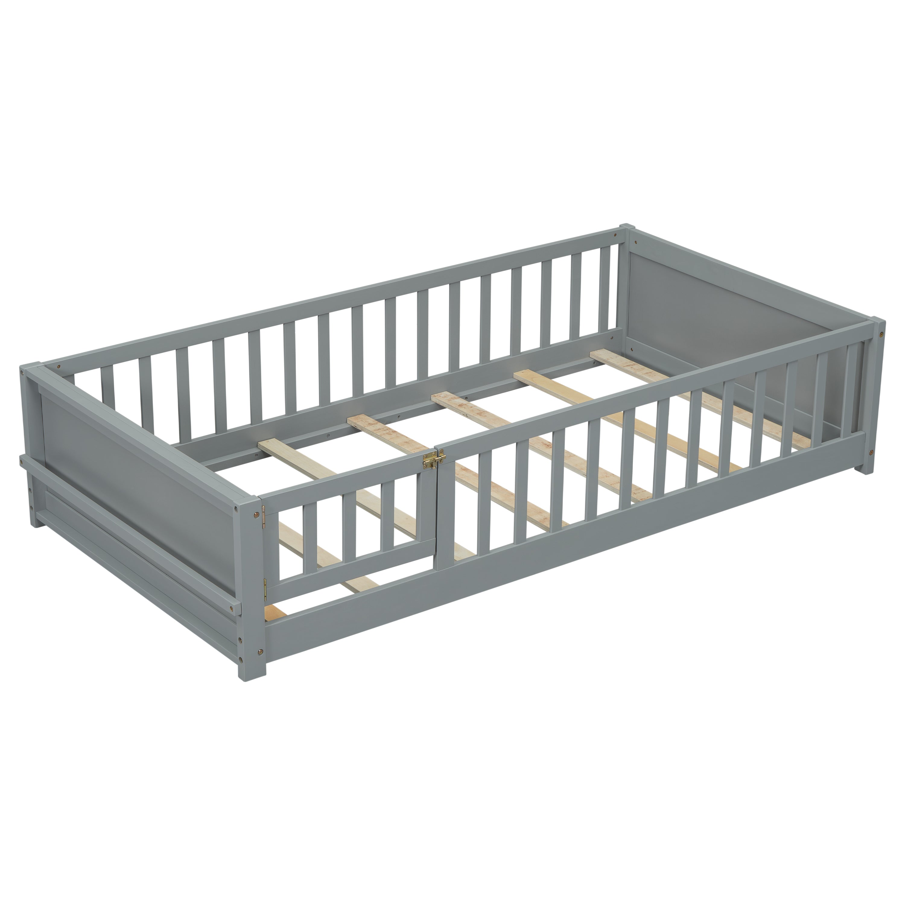 Twin size Floor Platform Bed with Built-in Book Storage Rack, Door,Grey